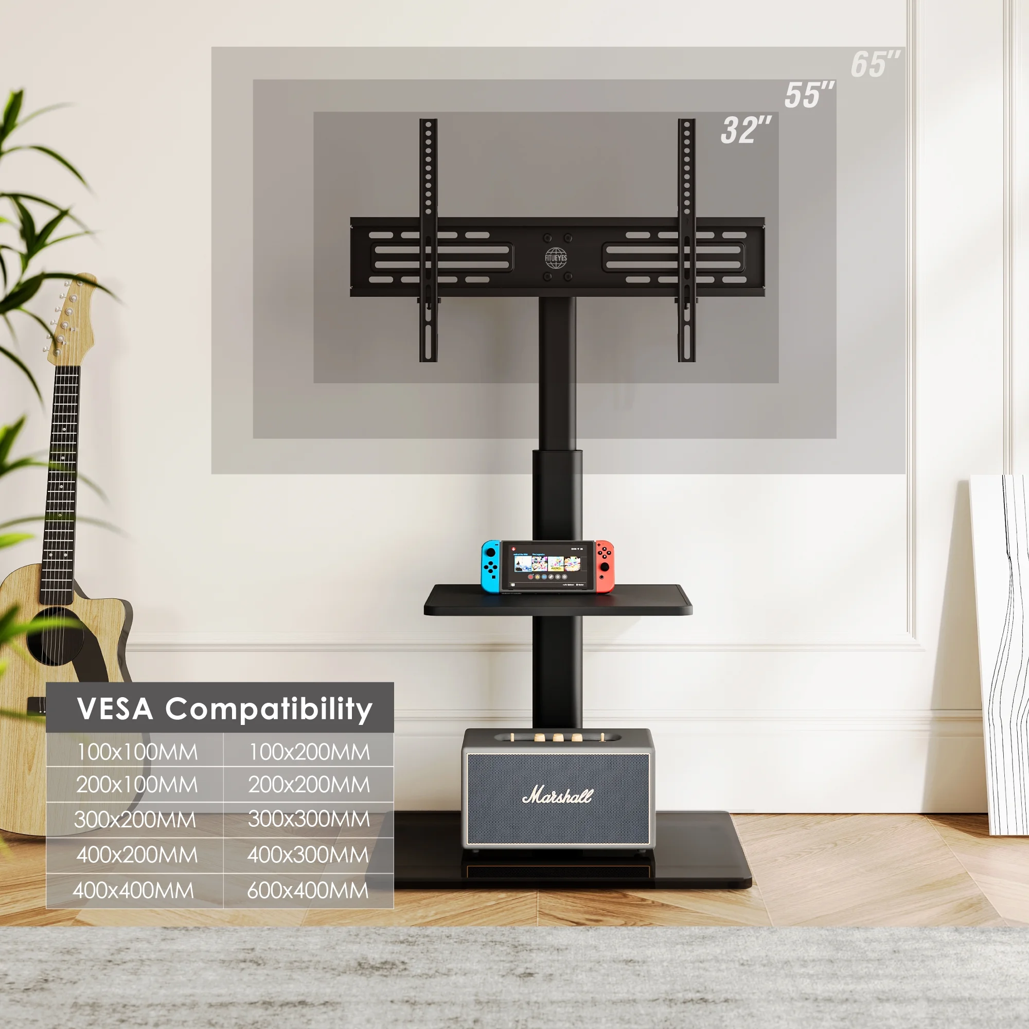 FITUEYES Tempered Glass Base Floor TV Stand 32-65 Inch, Height adjustable,Swivel TV Stand with Mount,Black - Womvr