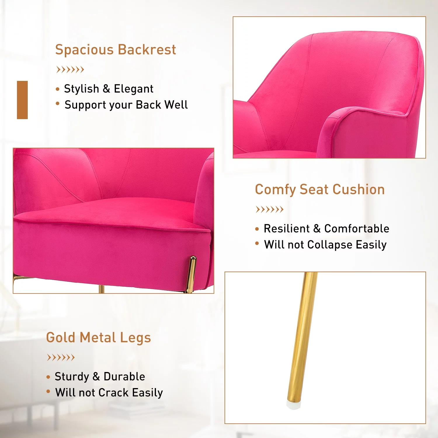 Velvet Upholstered Accent Chair Metal Legs Curved Backrest Lounge Home Armchair Bedroom Adult Pink - Womvr