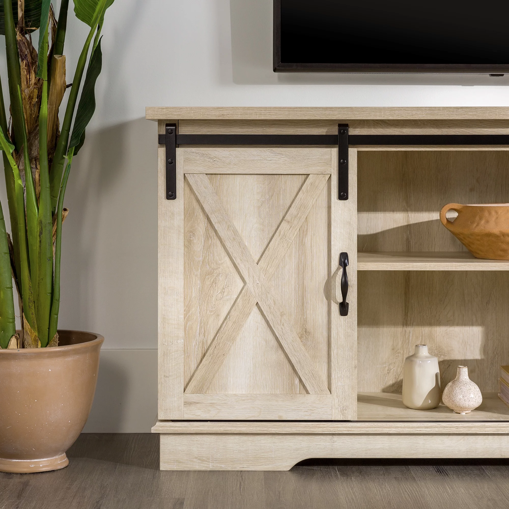 Woven Paths Farmhouse Sliding Barn Door TV Stand for TVs up to 65