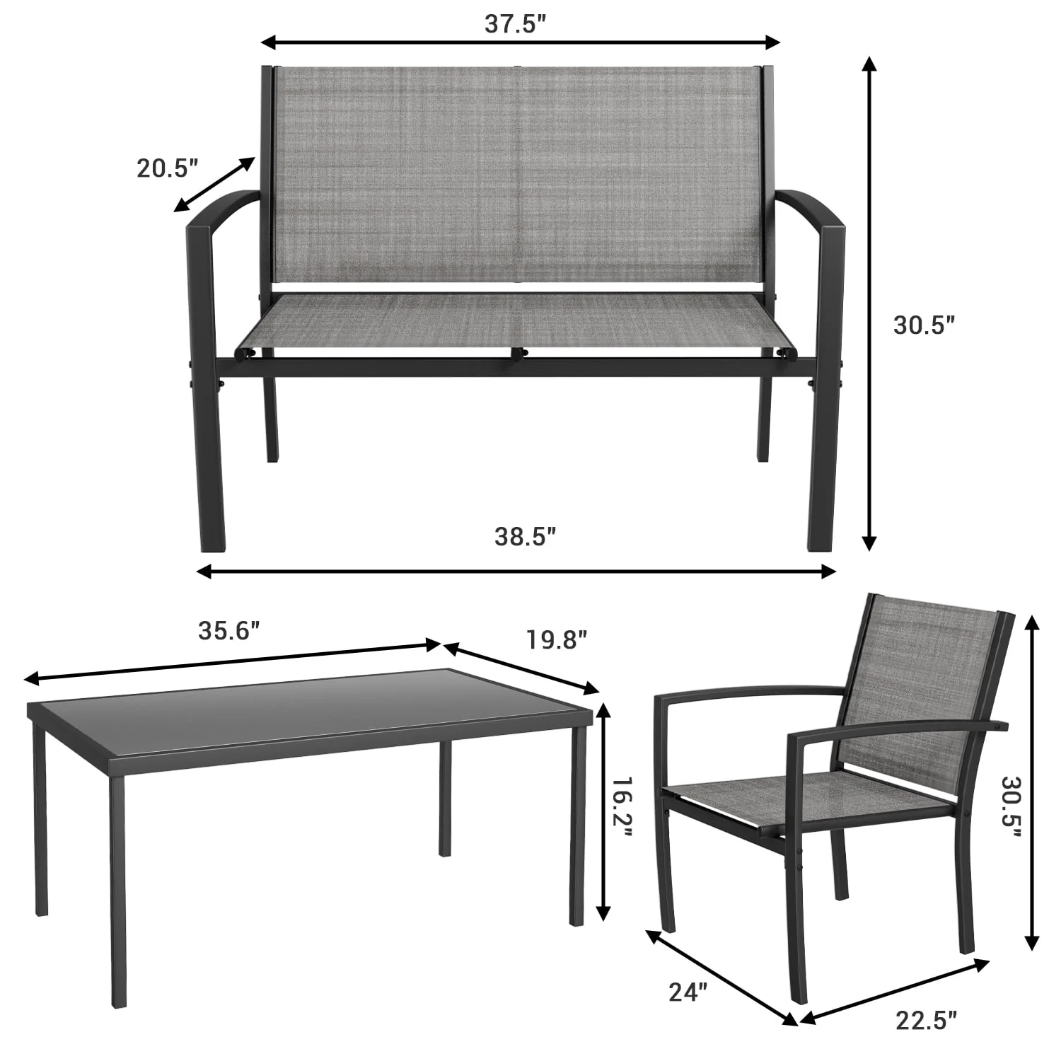 LACOO 4 Pieces Outdoor Furniture Set Patio Textilene Steel Conversation Set with Loveseat Tea Table for Lawn and Balcony, Black - Womvr