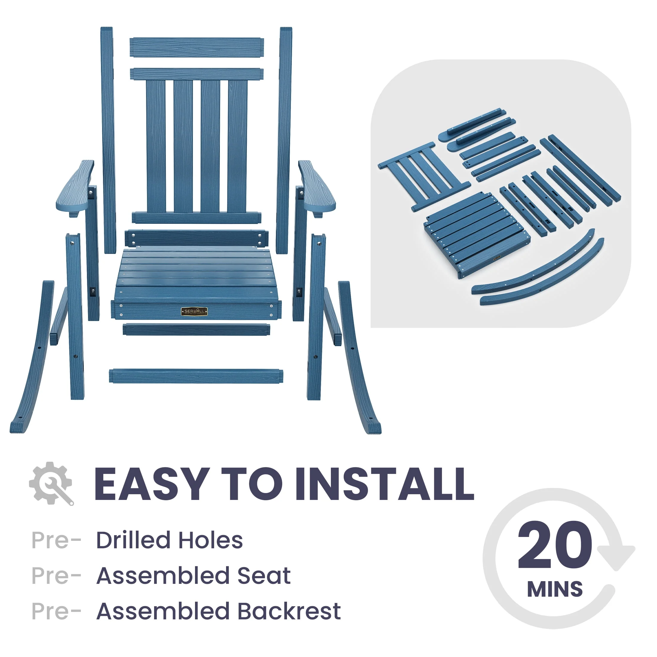 SERWALL Outdoor Oversized Slat Rocking Chair, HDPE Plastic Porch Rocker, Gray - Womvr