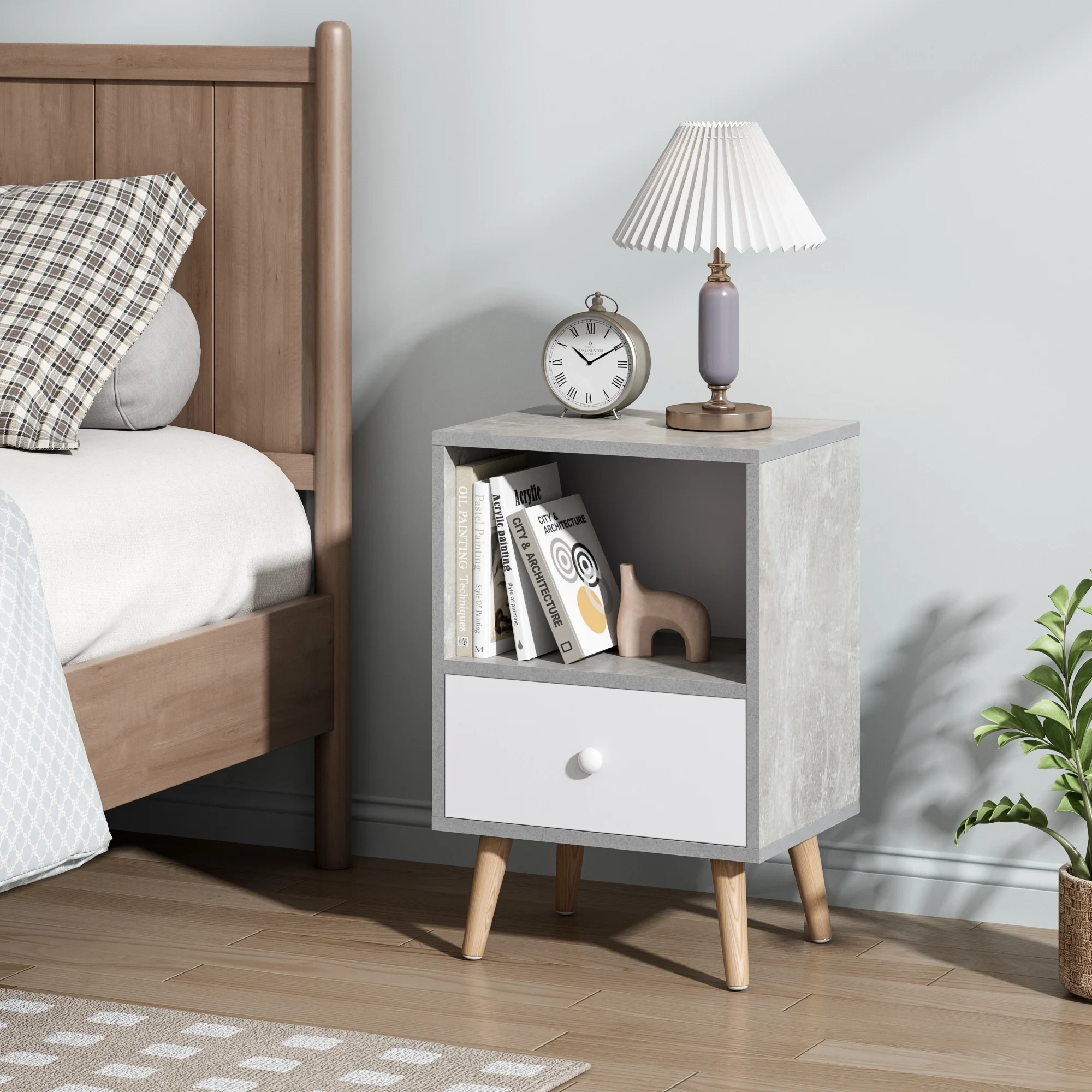 JAXPETY Nightstands Set of 2, Night Stand with 1 Drawer and Open Shelf Storage, End Table, Side Table, for Bedroom, Living Room, Natural Wood & White - Womvr