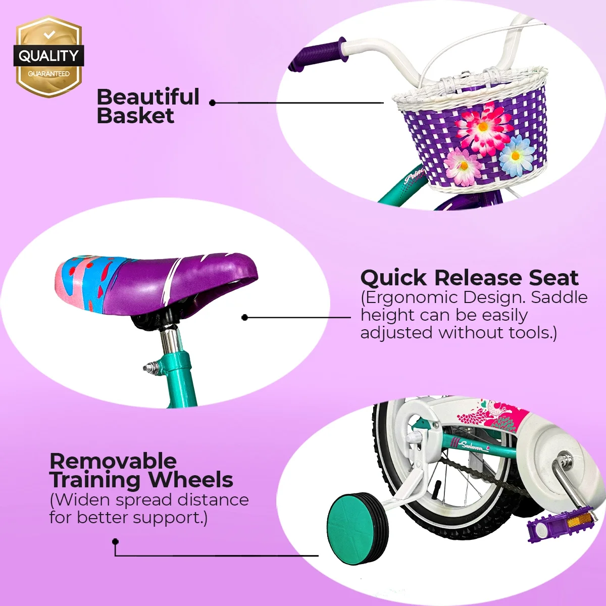SUNLOVERR Mystic Purple Girls Bike for Toddlers and Kids Ages 3-5 Years Old, 12 Inch Kids Bike with Training Wheels & Basket, Boy Bicycle with Handbrake. - Womvr