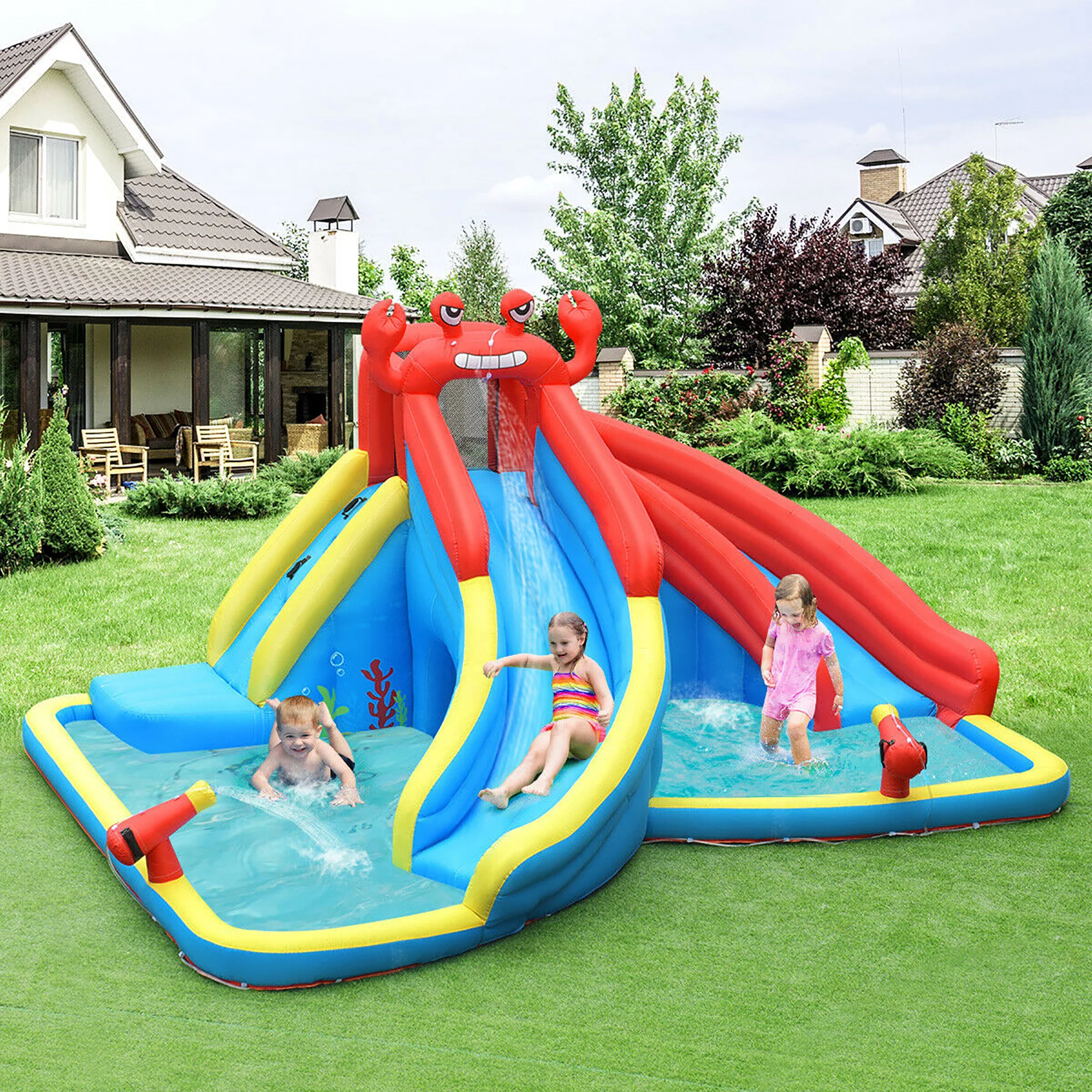 Costway Inflatable Water Slide Crab Dual Slide Bounce House Splash Pool with 950W Blower - Womvr