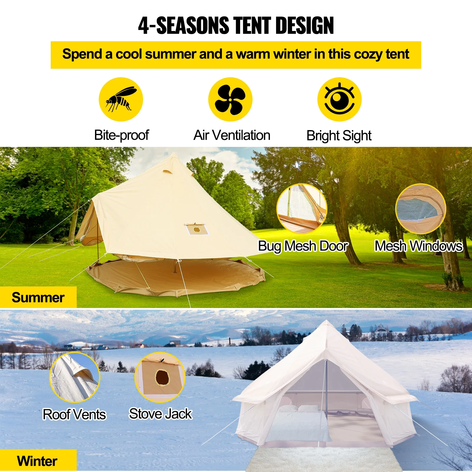 BENTISM 4-Season 8-10 People Large Waterproof Cotton Canvas Bell Tent With Stove for Camping Parties(5M Dia) - Womvr