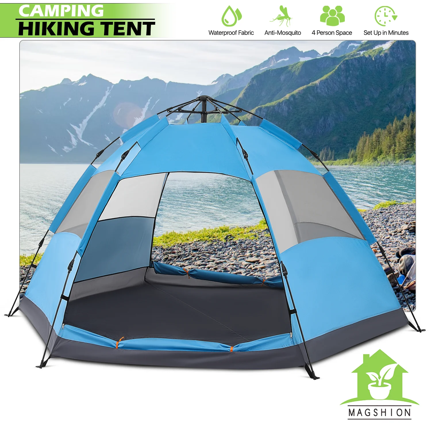 Magshion Large Camping Tents 4 Person Family Backpacking Tent Double Layer Outdoor Instant Set Up Tent with Carry Bag, Green - Womvr