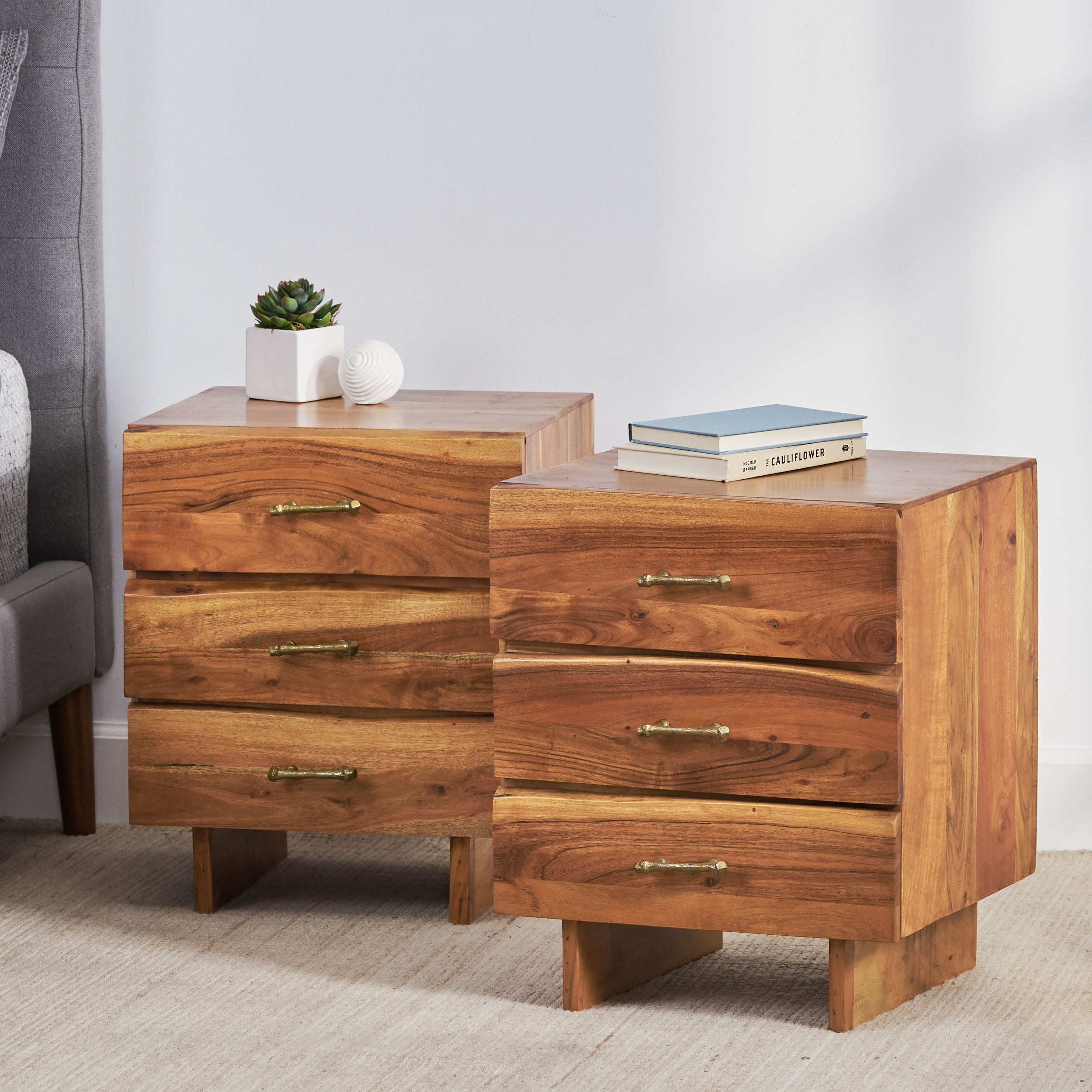 Tift Terrell Handcrafted Boho Acacia Wood 3 Drawer Nightstand, Set of 2 - Womvr