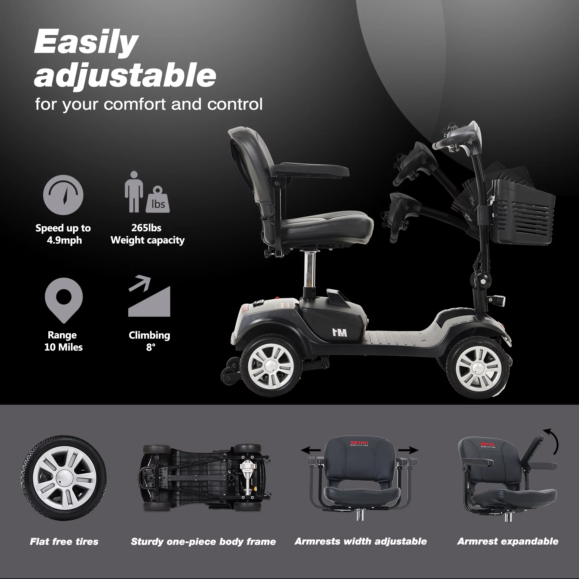 BTMWAY Mobility Scooter, 4 Wheels Electric Scooter for Seniors, Compact Folding Travel Mobility Scooters for Adult, Transformer Mobility Scooter with Swivel Seat, Front and Rear LED Light, Silver - Womvr