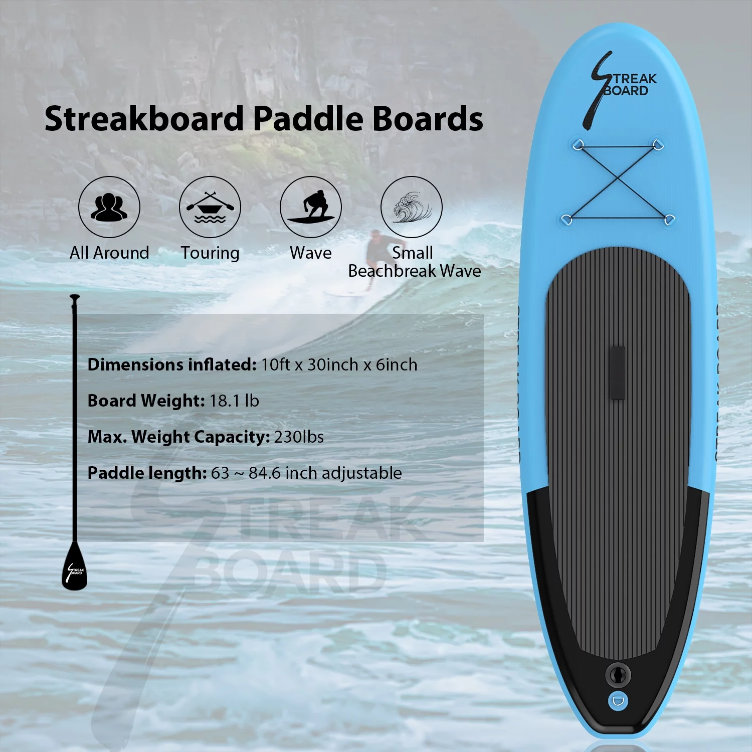 streakboard 10' Inflatable Stand up Paddle Board with SUP Accessories, Backpack, Paddle & Hand Pump - Womvr