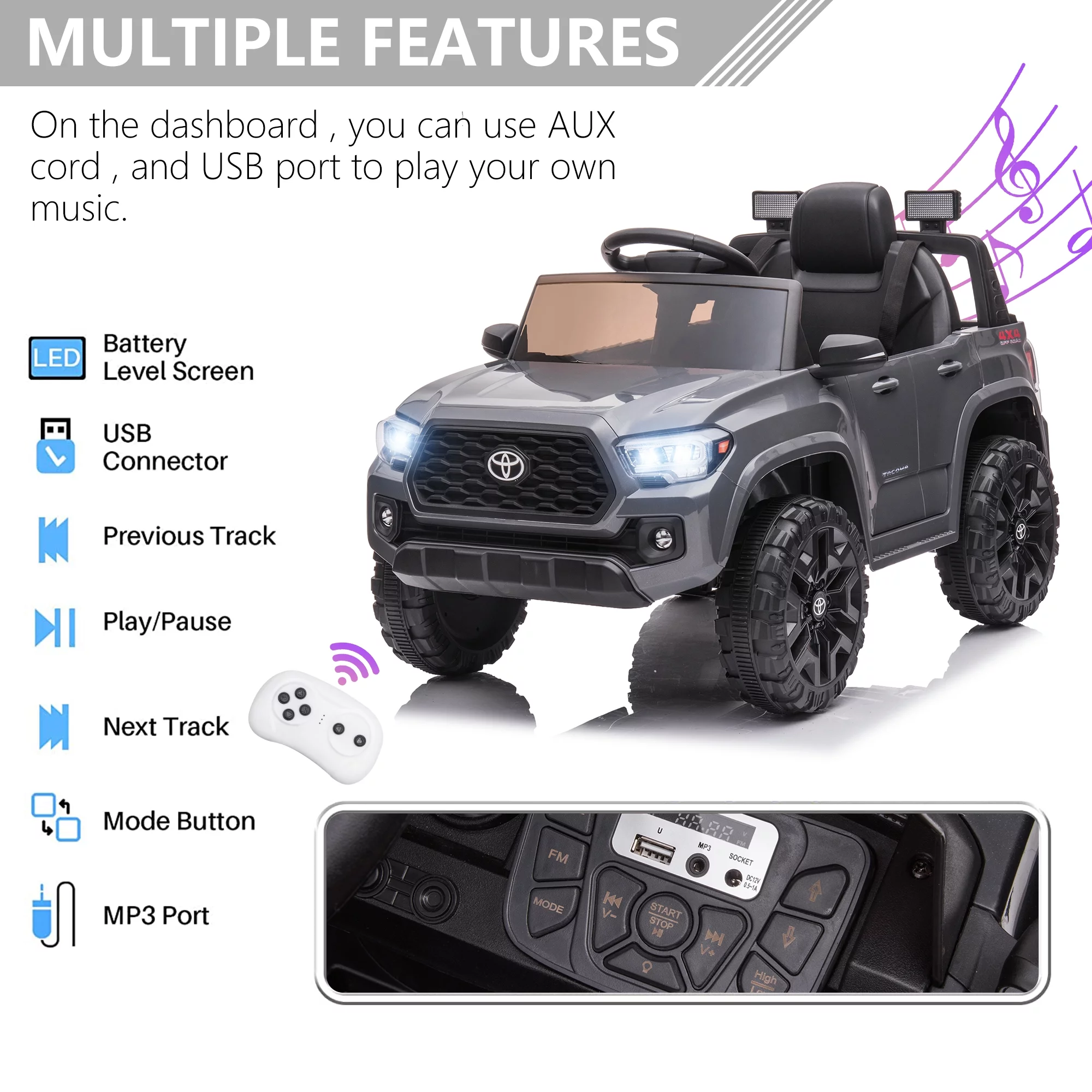 Licensed Toyota Tacoma Electric Ride on Vehicle for Kids, 12V Powered Ride on Car Toys with Remote Control, LED Lights, MP3 Player, Gray - Womvr