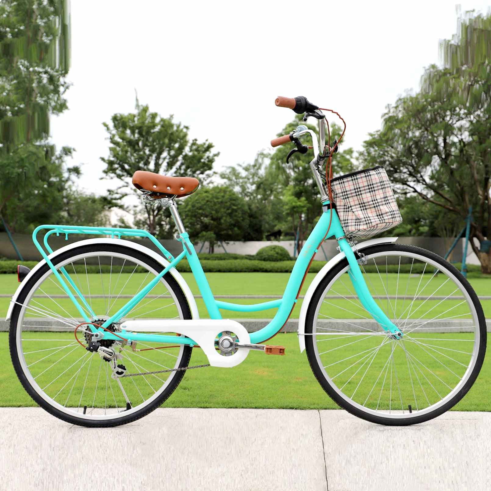 YAPENG 24 Inch Womens Beach Cruiser Bikes, 7 Speed Step Through Comfort Bikes with Basket, Mint Green - Womvr