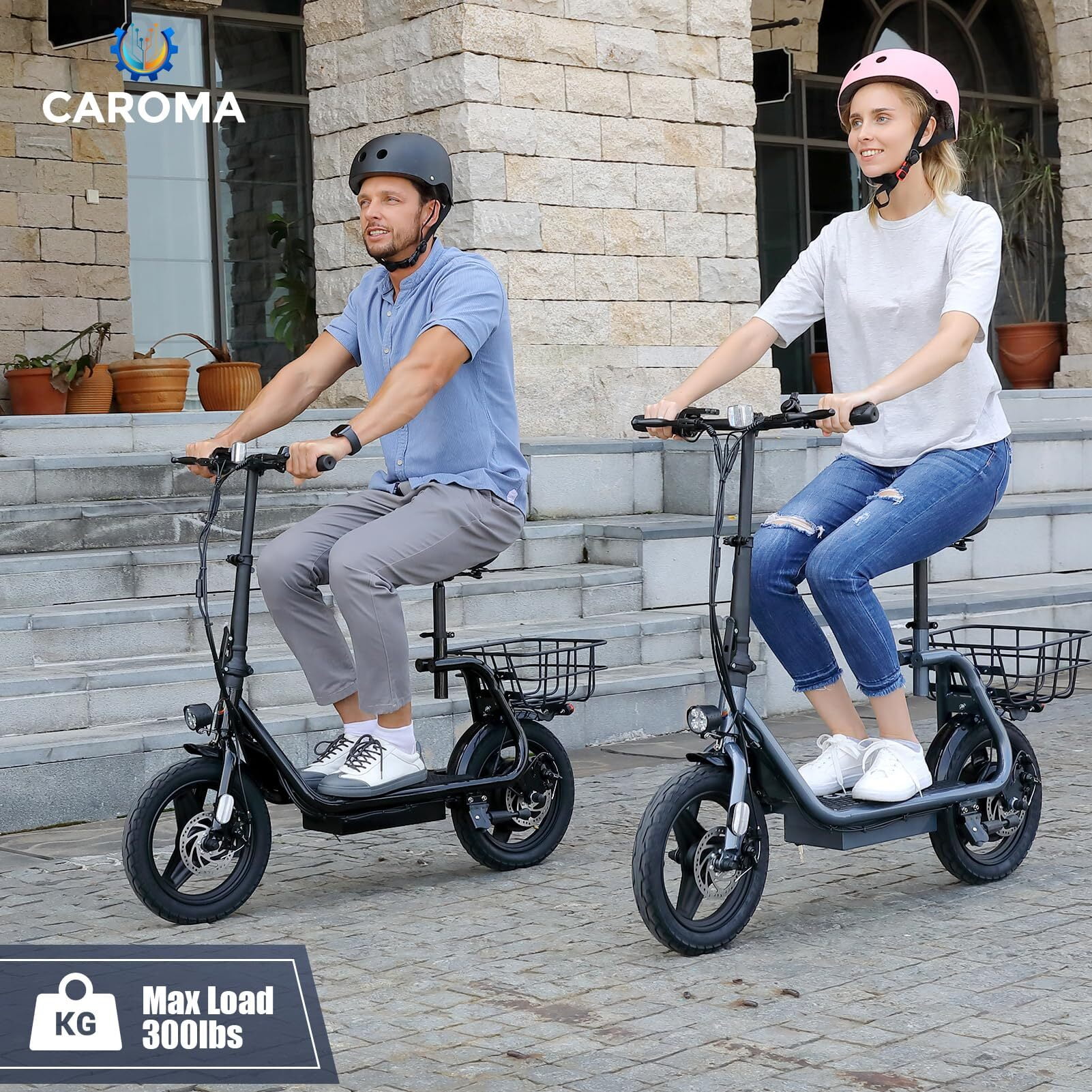 Caroma 500W Electric Scooter with Seat for Adult, 14 inch Commuter Electric Scooter with Dual Shock Absorbers and Basket - Up to 25 Miles 20 MPH, Silver - Womvr