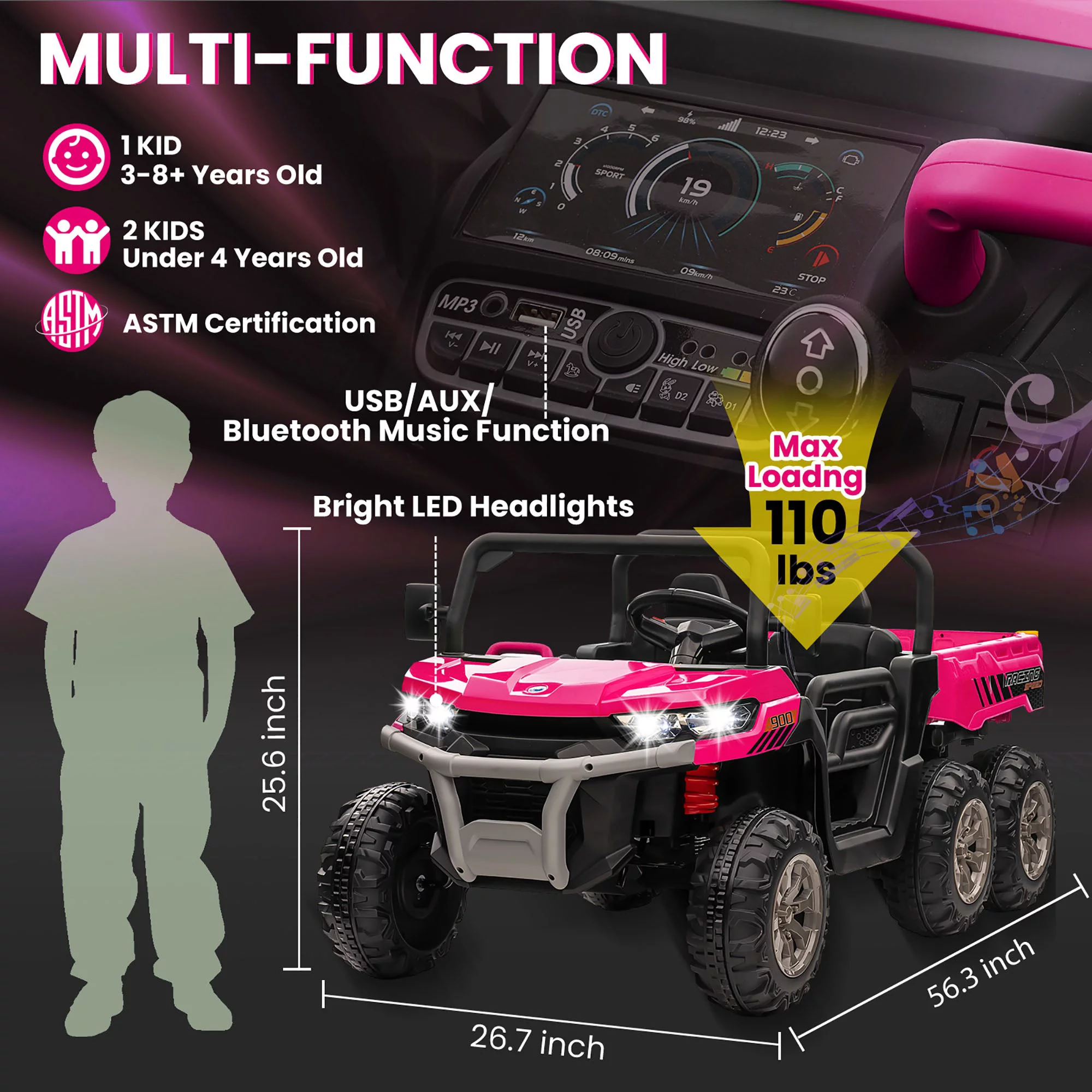 Joyracer 24V Ride on Toys, 2 Seater 6-Wheel UTV Car, 4WD Ride on Dump Truck for Big Kids with Trailer Remote Control, Black - Womvr