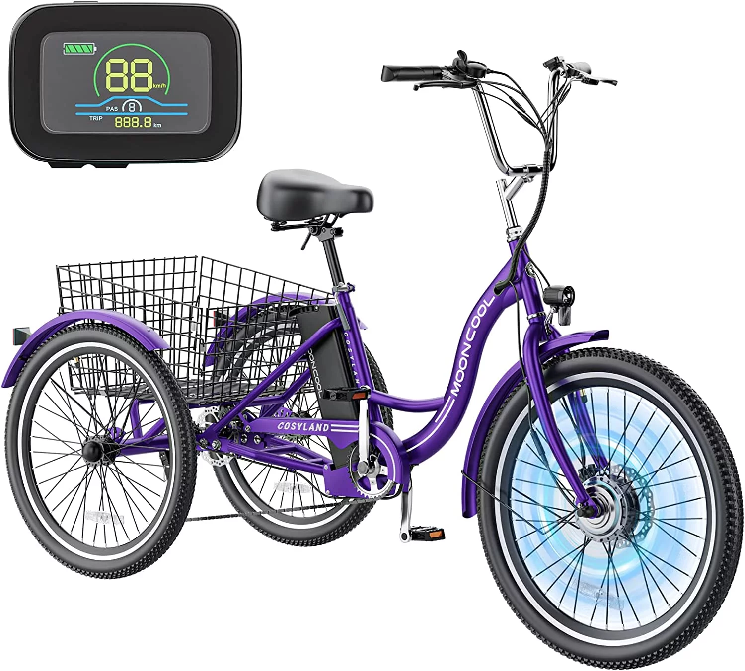 MOONCOOL Electric Tricycle, 350W 36V 24 Inches 7 Speeds 3 Wheels Electric Bikes for Adults, Motorized Electric Trike Three Wheel Electric Bicycle - Womvr