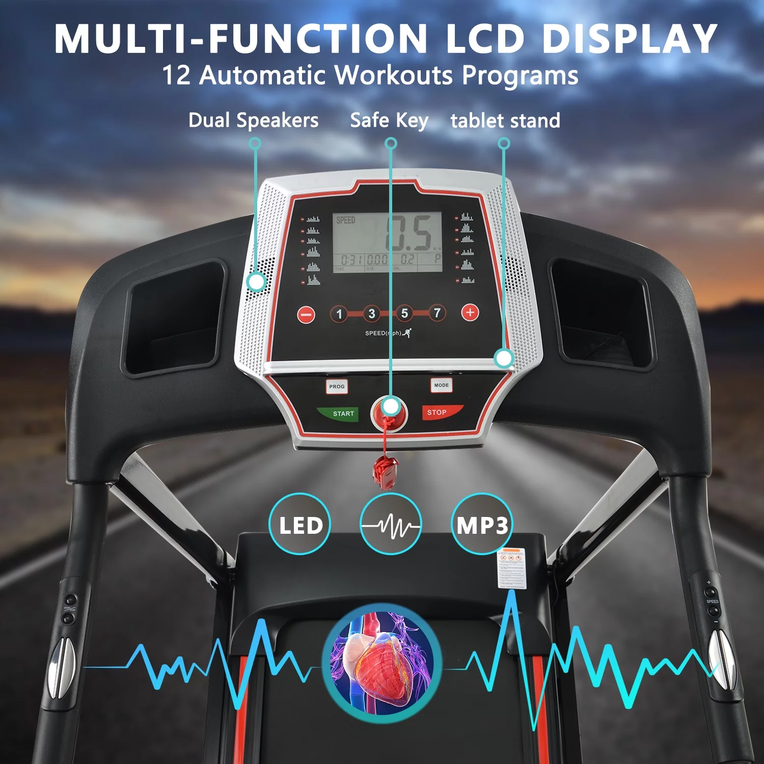 3.5HP Folding Incline Treadmill with 330 LB Capacity 15 Preset Programs MP3 Electric Walking Treadmill Machine For Home - Womvr