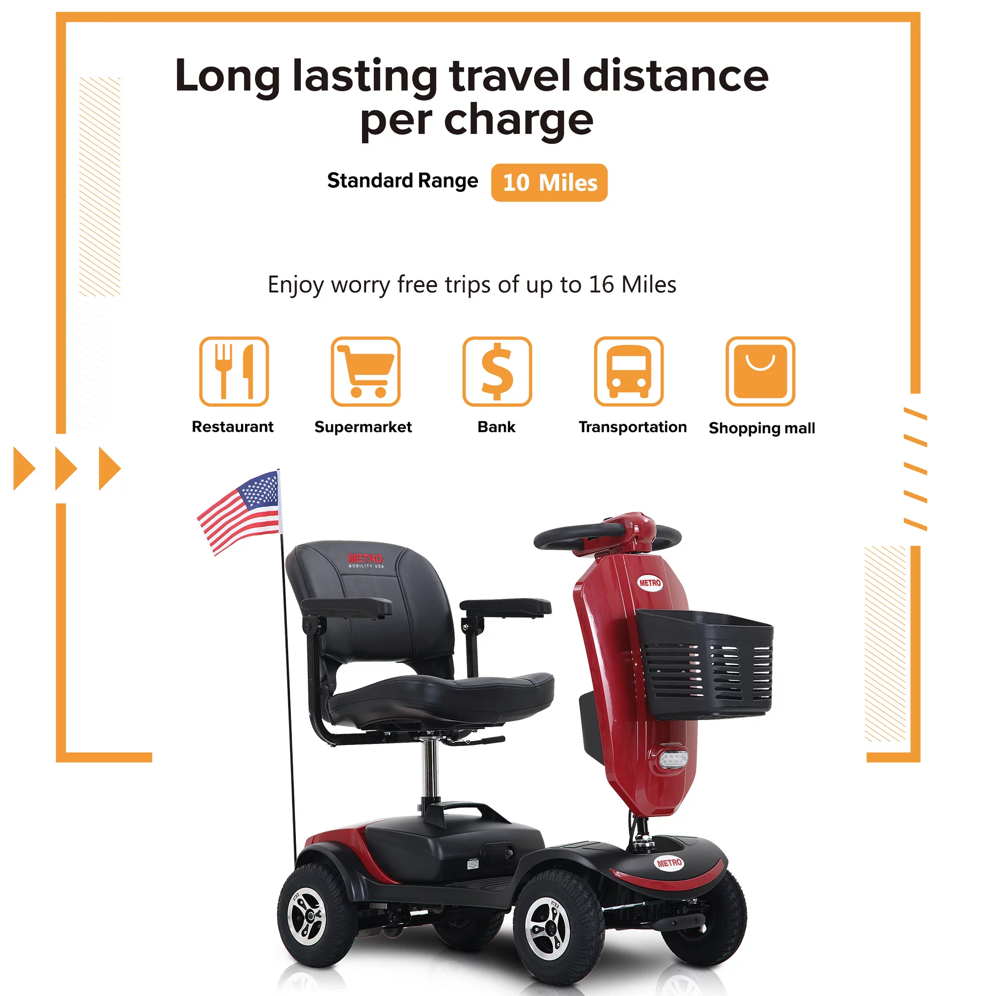 Segmart Mobility Scooter for Seniors, 20''W Armrest, Windshield, Rear Suspension, Front Rear Light, Cup Holder, USB Charging Port, Gift Flag, 300lbs, Red - Womvr