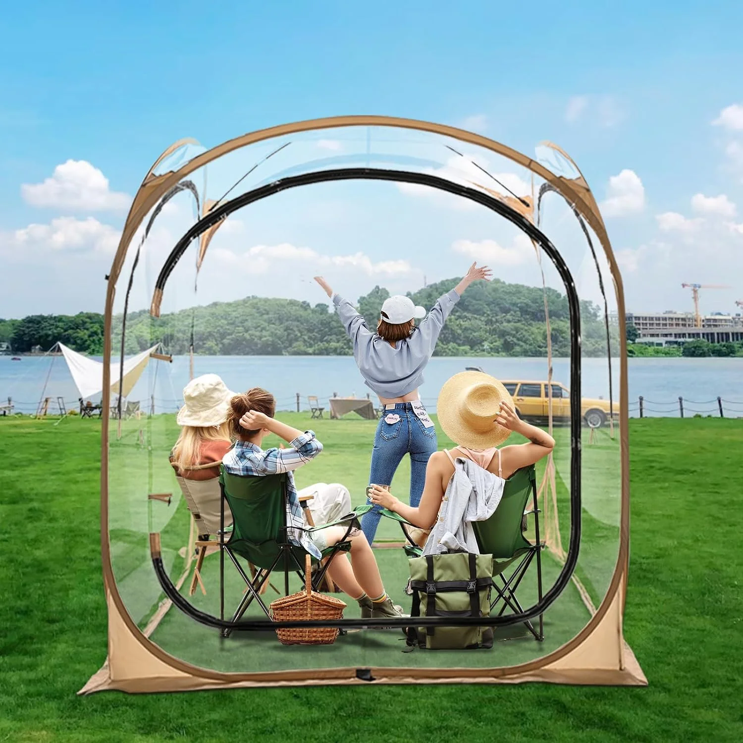 Slsy Sport Tent with Removable Top Cover and Sealed Floor, Instant Pop-Up Tent Shelter Weather Proof Pod, Outdoor Bubble Tent Screen House Room with Mesh Windows (Mesh, 1-4 People) - Womvr