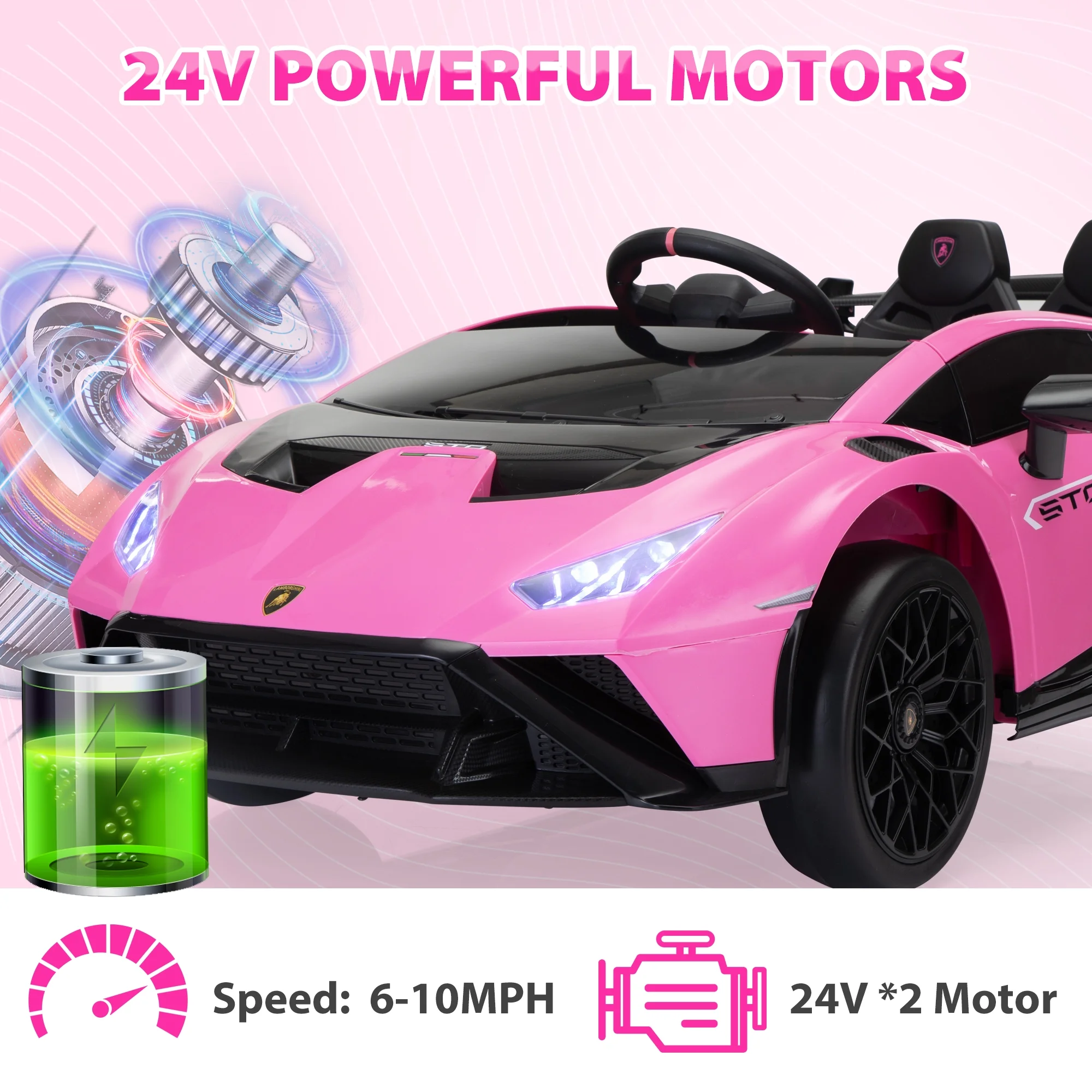 TOBBI 24V Lamborghini STO Licensed Kids Ride on Drift Car Gray Electric Car W/Remote Control LED Lights, up to 10 mph - Womvr