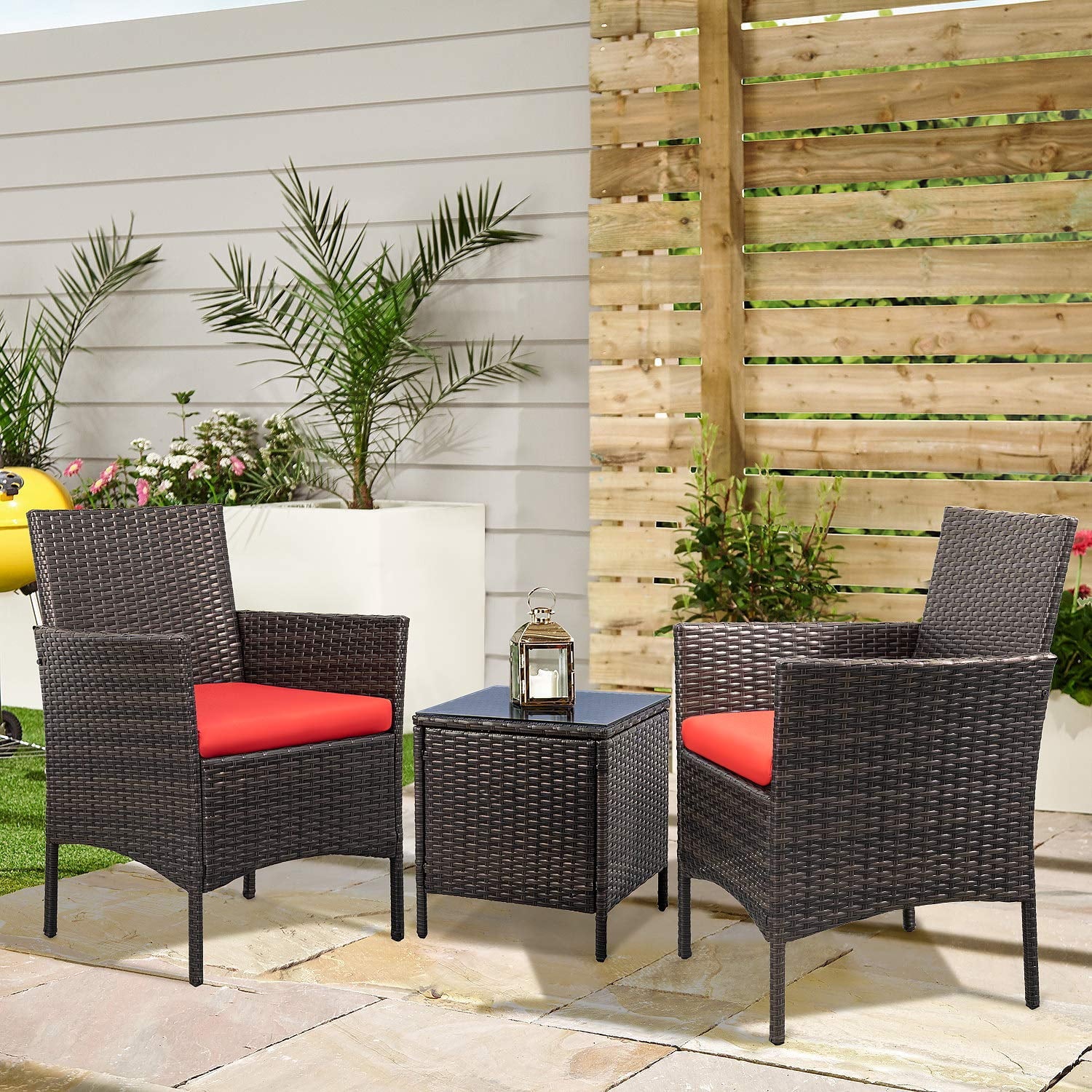 Lacoo 3 Pieces Outdoor Patio Furniture PE Rattan Wicker Table and Chairs Set Bar Set with Cushioned Tempered Glass, Brown/Beige, 2 - Womvr