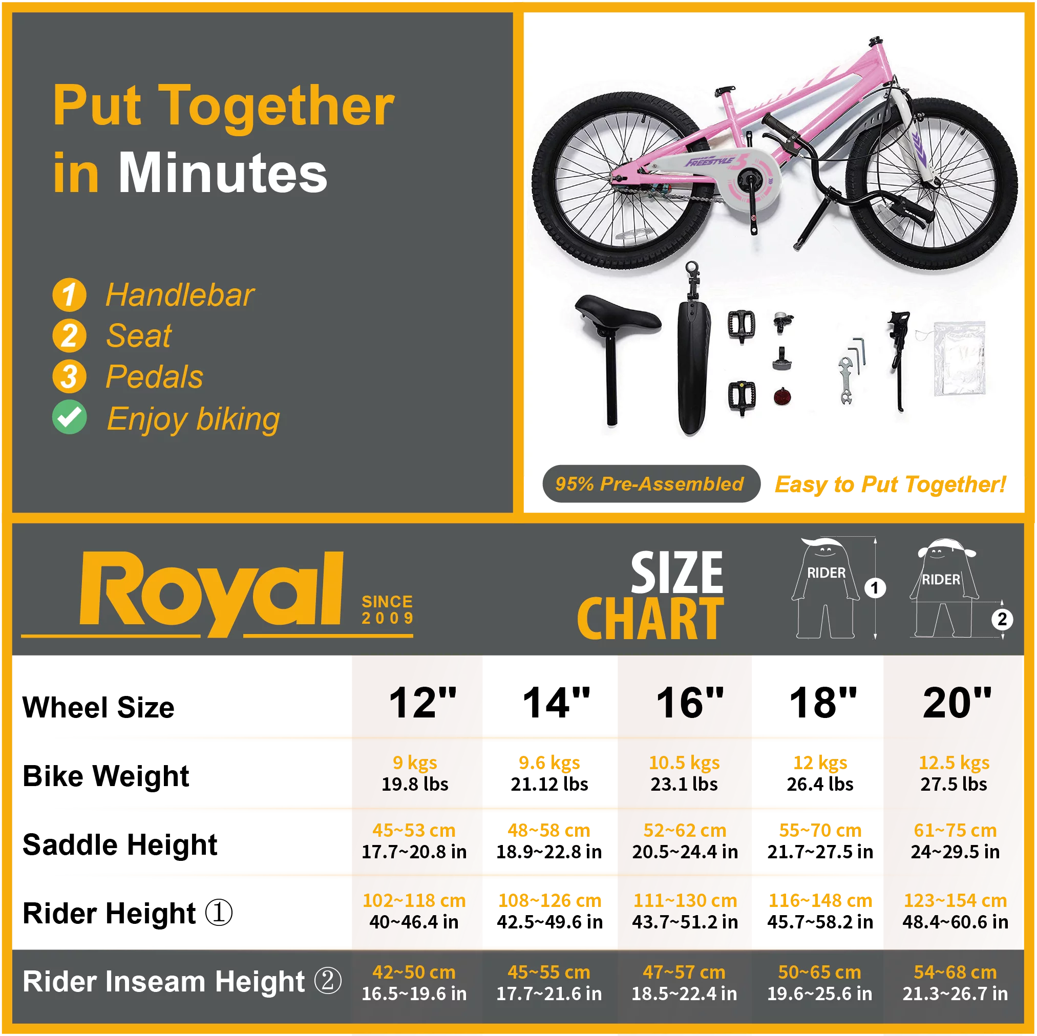 Royalbaby Freestyle Kids Bike 12 14 16 18 20 Inch Bicycle for Boys Girls Ages 3-12 Years, Multiple Color Options - Womvr