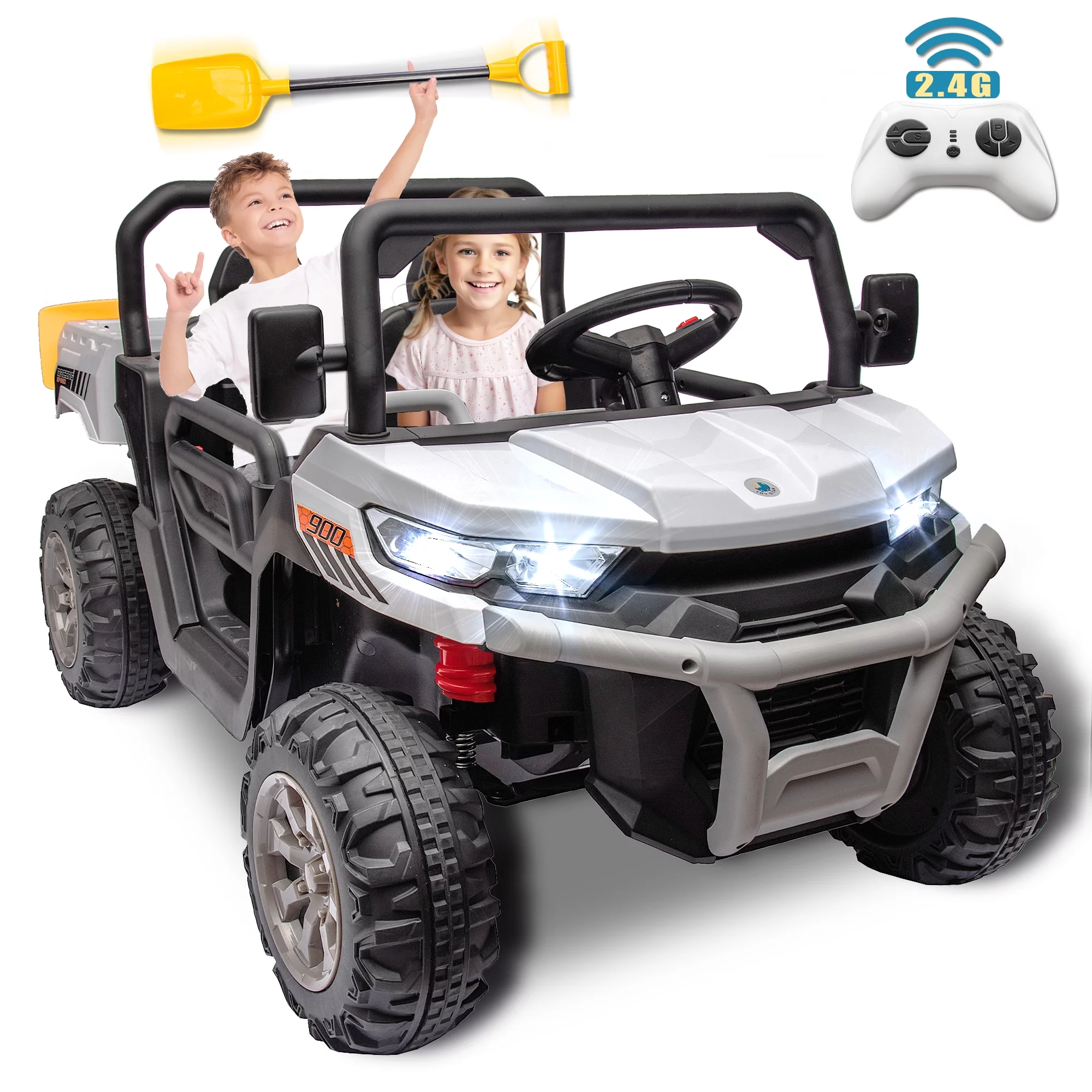 24V 2 Seater Kids Ride on Car Truck, Ride on UTV with 2x200W Motor Ride on Dump Truck, Ride on Car with Dump Bed/Shovel, Electric Vehicle with Non-Slip Tyre, LED Light, Music, Remote Control, Red - Womvr