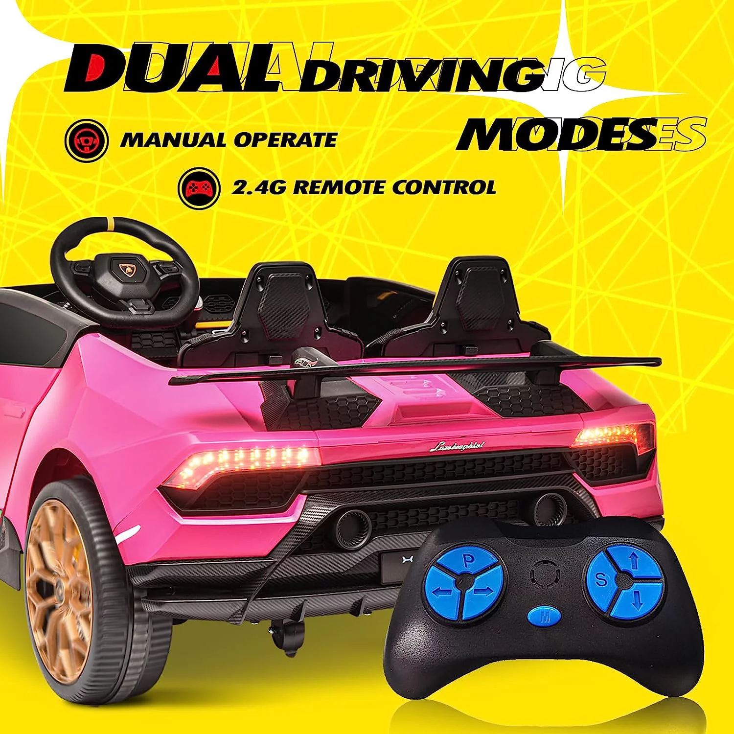 Blitzshark 24 V 2 Seater Kids Ride on Car Licensed Lamborghini Powerful 4WD, with 7AH Battery, Remote Control, Pink - Womvr