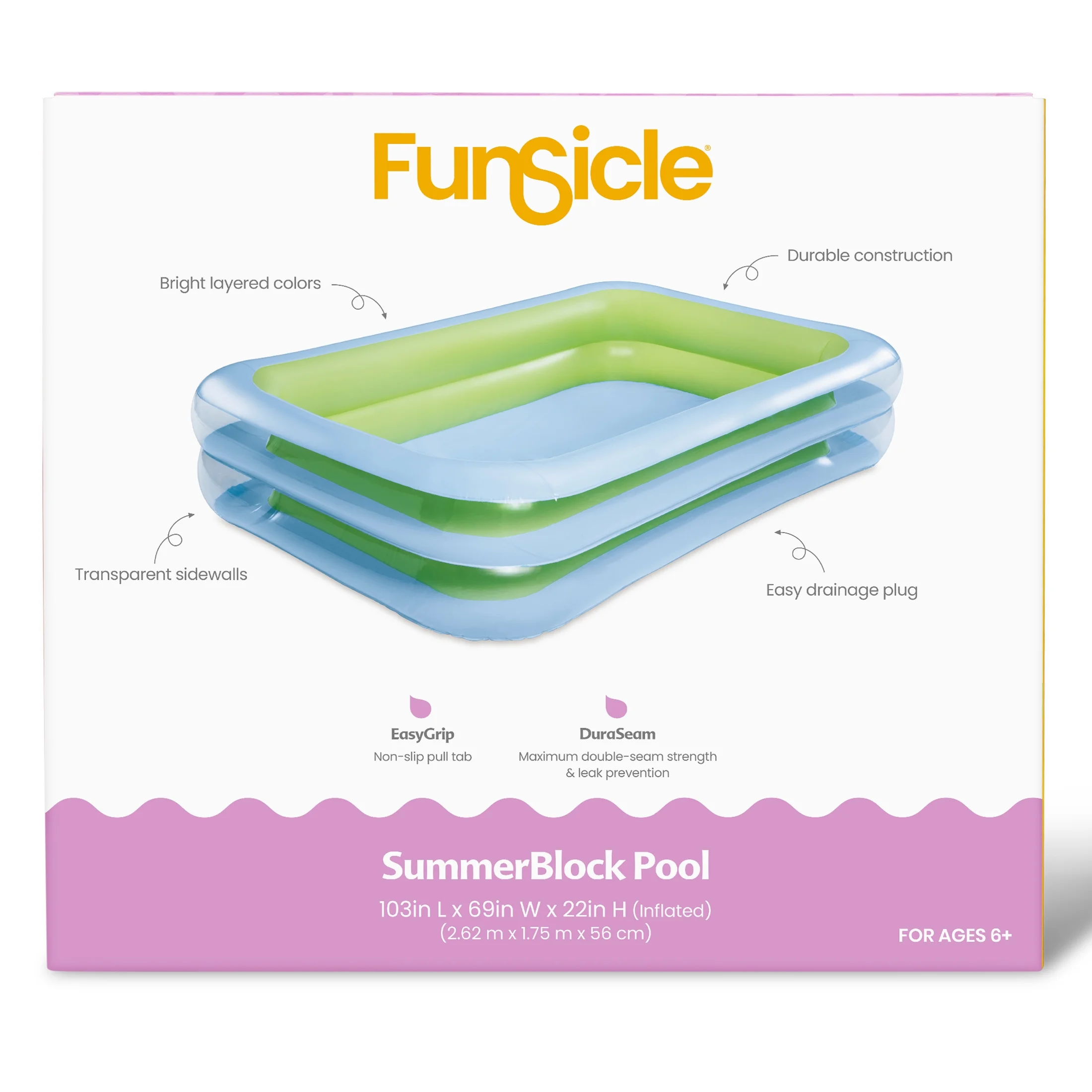 Funsicle Blue SummerBlock Inflatable Family Swimming Pool,Rectangular, Age 6 & up - Womvr