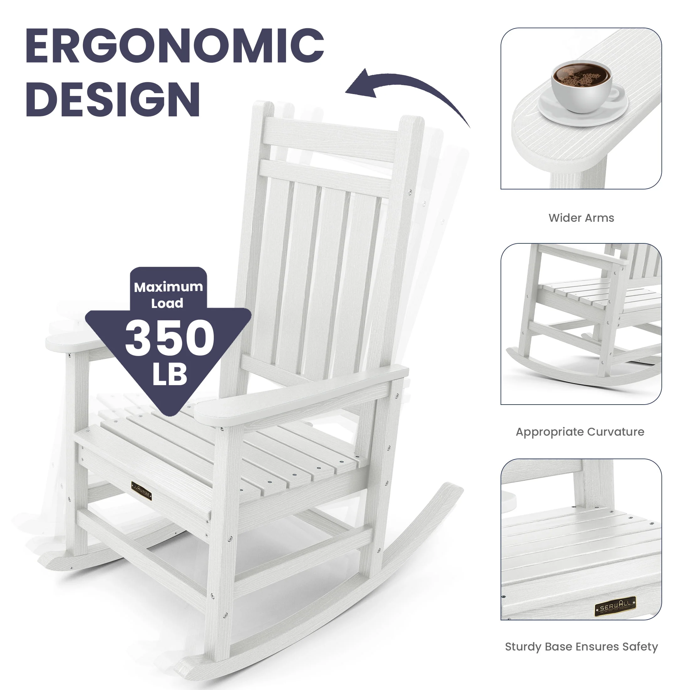 SERWALL Outdoor Oversized Slat Rocking Chair, HDPE Plastic Porch Rocker, Gray - Womvr