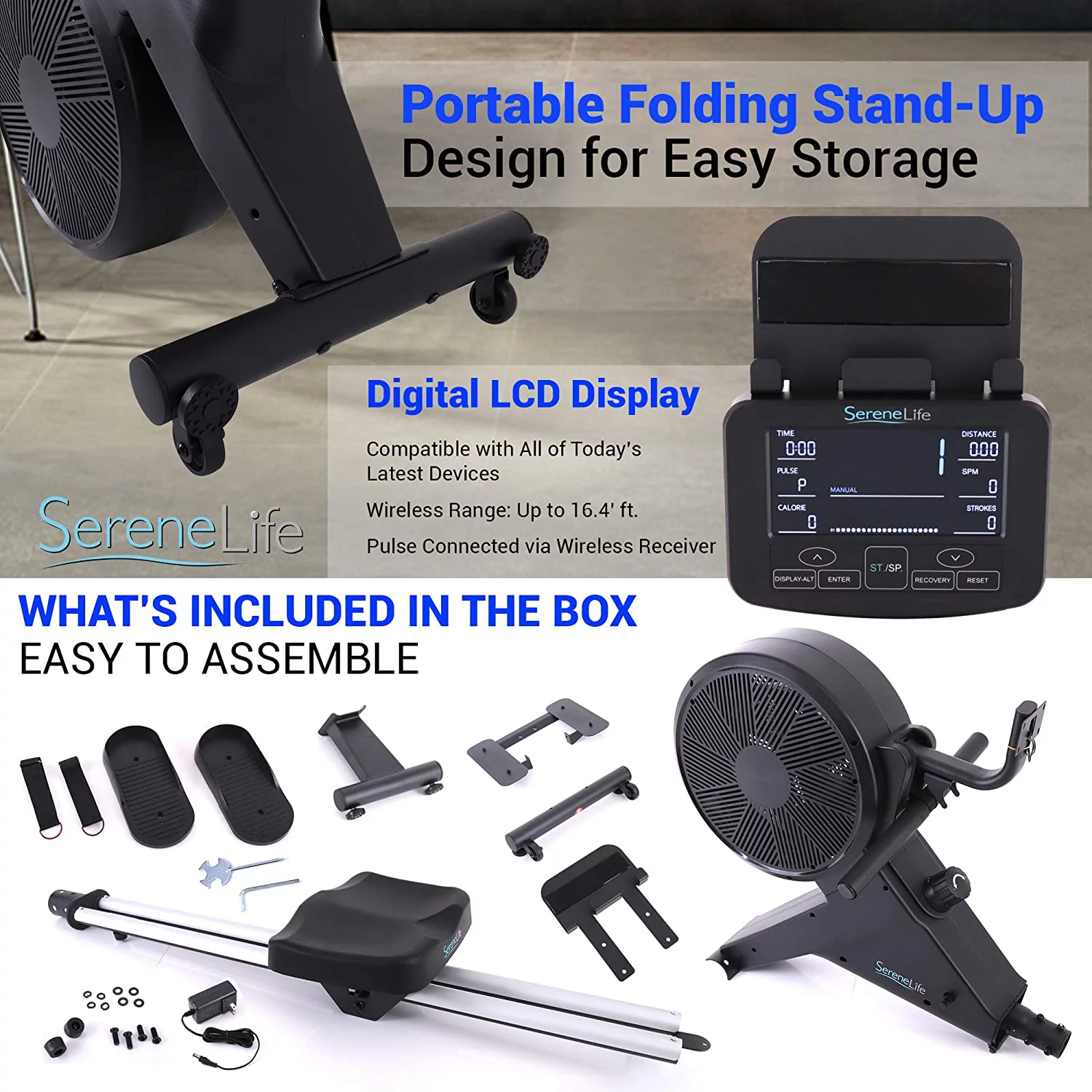 SereneLife Smart Rowing Machine W/ Smartphone Fitness Monitoring App-Row Machine, (Black) - Womvr