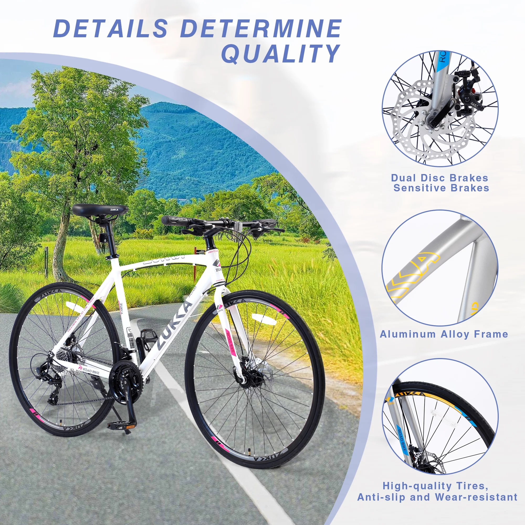 24 Speed Road Bike for Men Women, 700C Aluminum Flat Bar Road Bike with Disc Brakes, White - Womvr