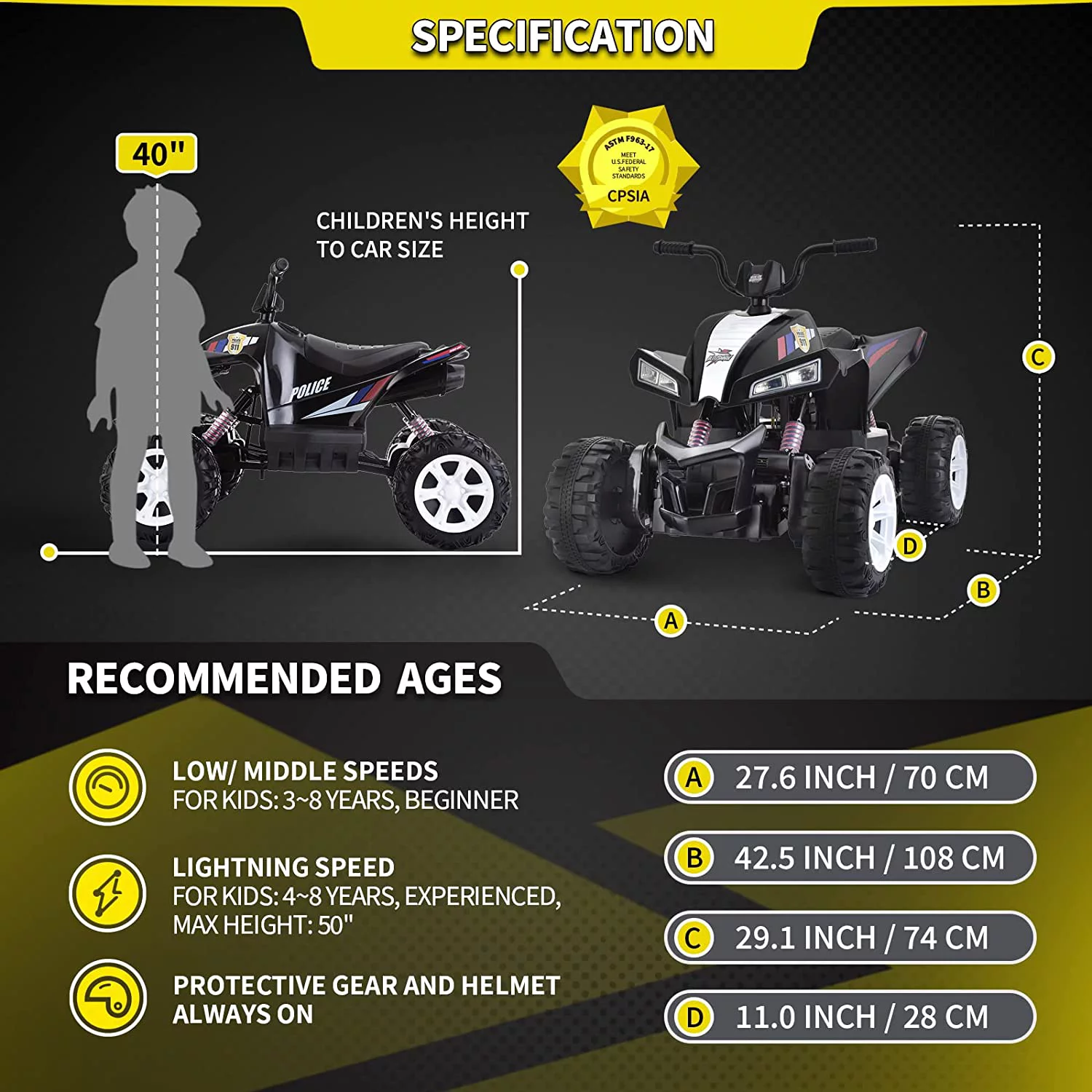 Blitzshark 24V Kids Ride on ATV 4WD Quad Powerful 4-Wheeler, with Big Battery, 6 MPH Speed, Metal Suspension, Police Rider - Womvr