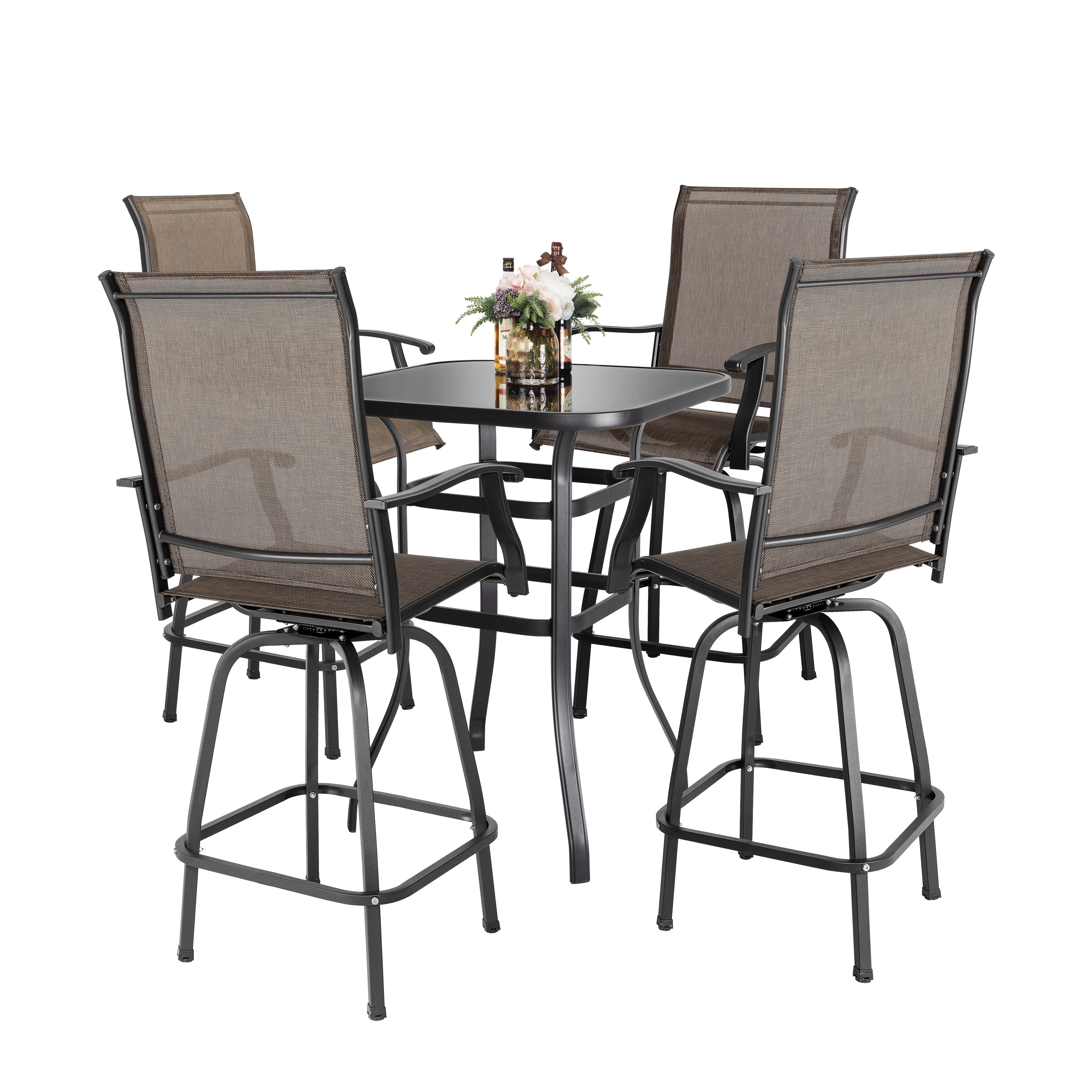 Nuu Garden 5 Piece Patio Bistro Set, High Bistro Sets with Tempered Glass Table, All-Weather Textilene Outdoor Bar Stools Set, Lawn, Backyard, Brown - Womvr