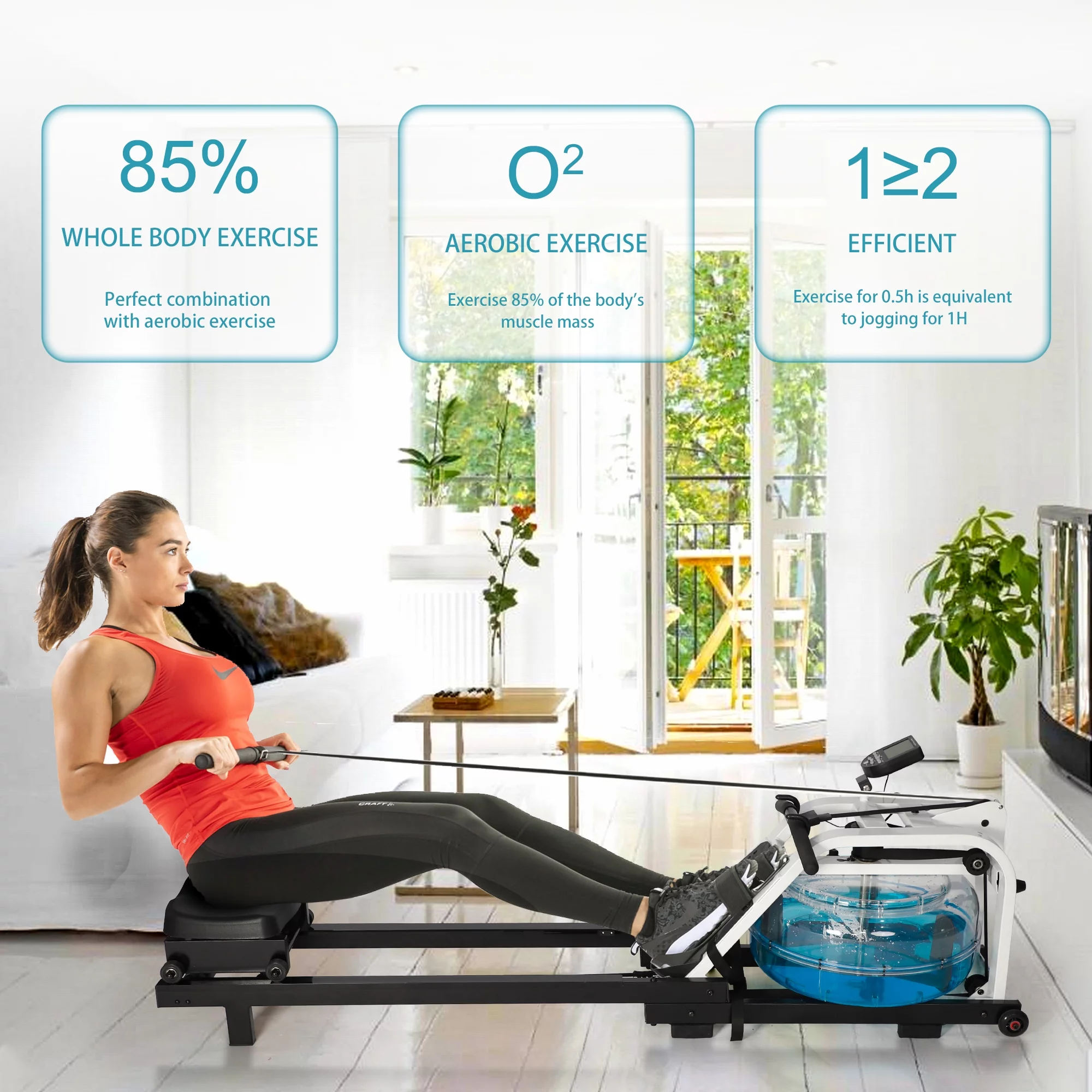 Karmas Product Rowing Machine with LCD Monitor for Home/Gym, 330 lbs Weight Capacity, Adjustable, Space Saving, Mobile, Double Track Indoor Rower Fitness - Womvr