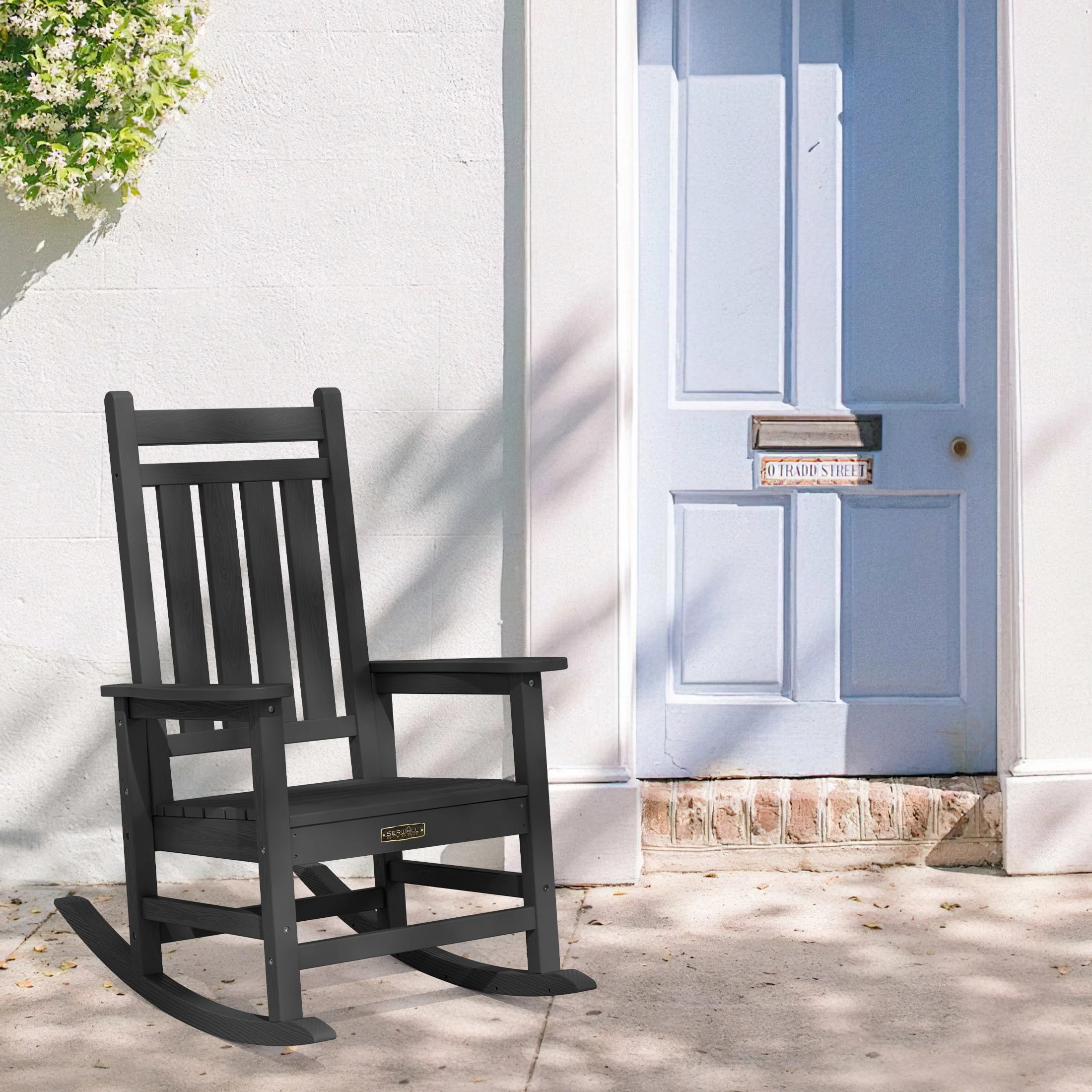 SERWALL Outdoor Oversized Slat Rocking Chair, HDPE Plastic Porch Rocker, Gray - Womvr
