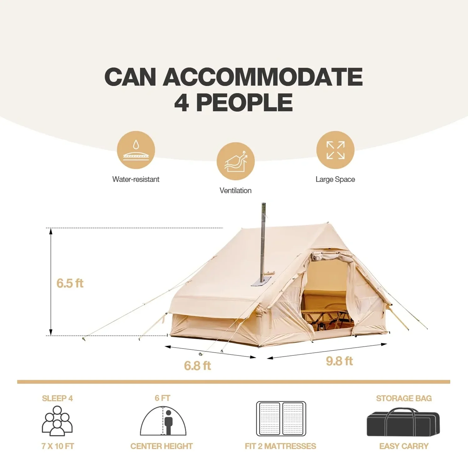 Richryce Inflatable Camping Tent with Pump, 129 SFT Cabin Tent, 4-6 Person Glamping Tents, Waterproof Windproof Outdoor Cotton Tent with Carrying Bag - Womvr