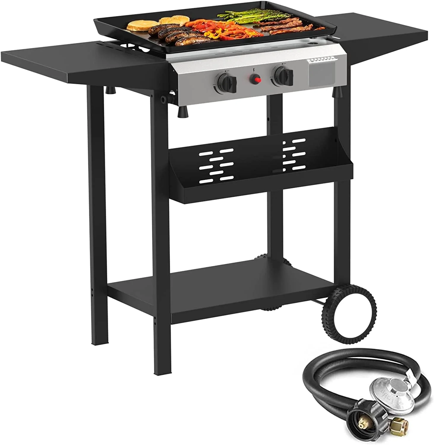SKOK 3 Burner Gas Griddle-Outdoor Propane Griddle-BTU Propane Fuelled, Portable Flat Top Gas Grill Camping Griddle Station with Side Shelves for Kitchen - Womvr