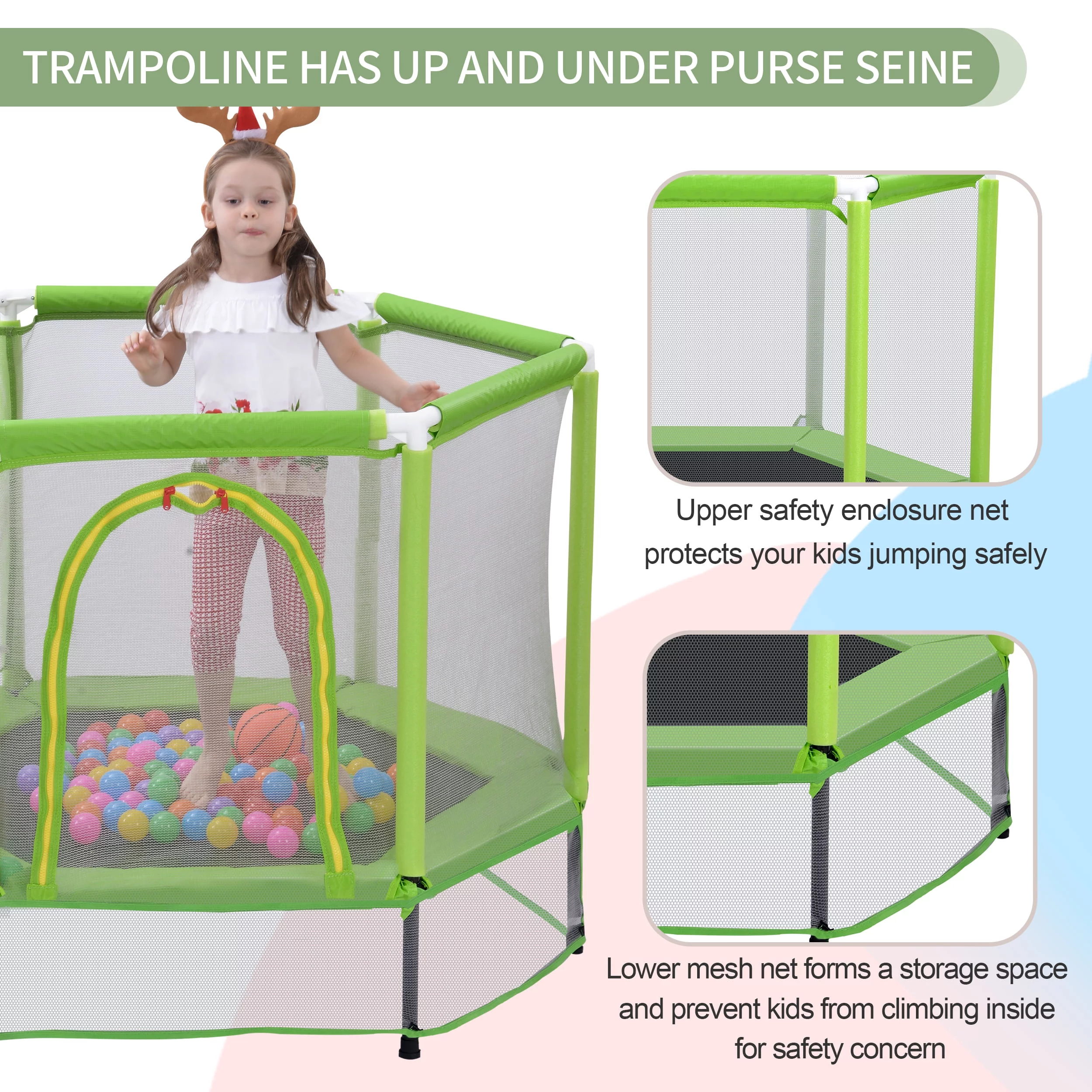 EUROCO  55'' Trampoline for Kids, Toddlers Trampoline with Enclosure Net and Balls, Mini Trampoline, Indoor & Outdoor Trampoline, Gifts for Kids, Baby Toddler Trampoline Toys, Green - Womvr