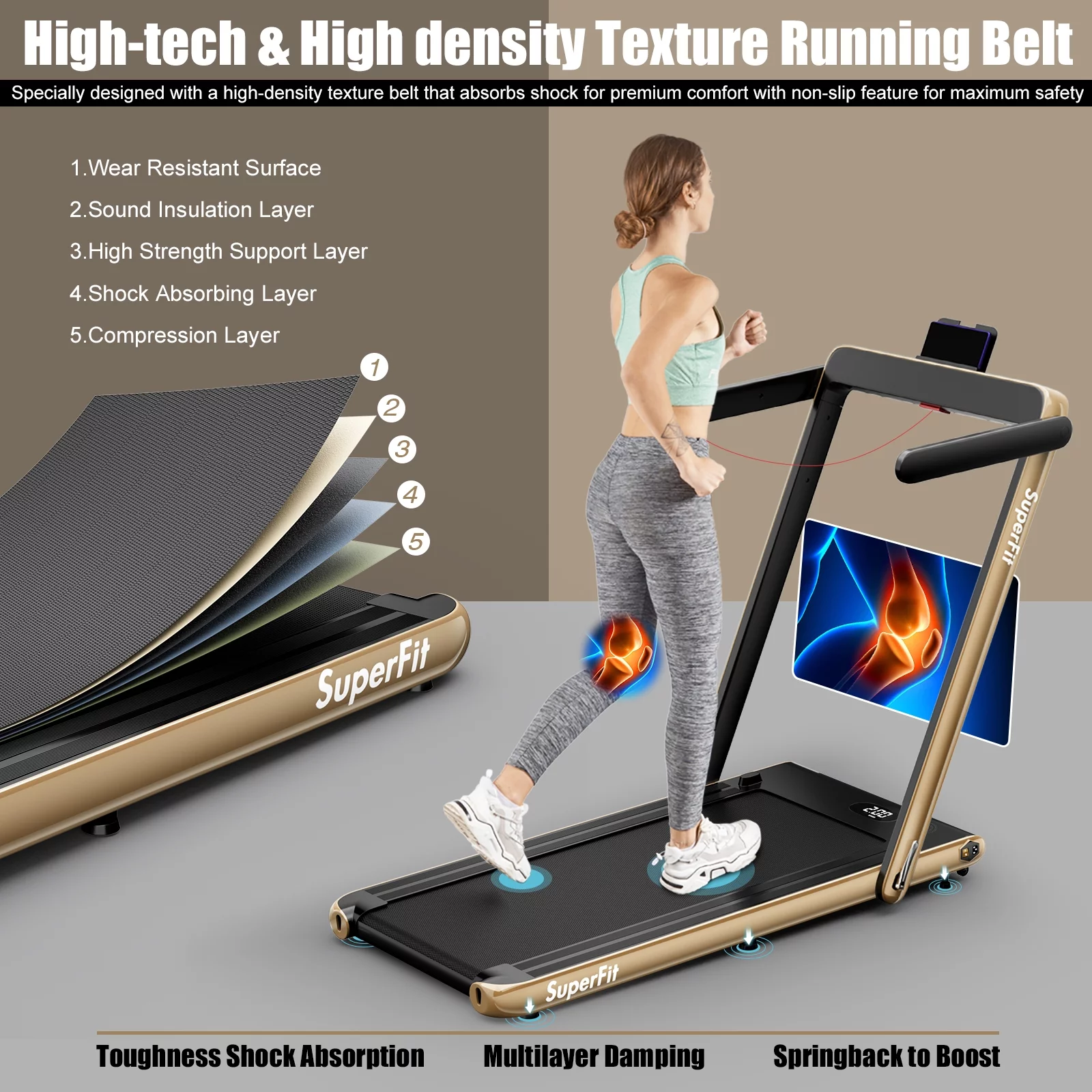 SuperFit Up To 7.5MPH 2.25HP 2 in 1 Single Display Screen Folding Treadmill Remote Control W/ APP Control Speaker Black - Womvr