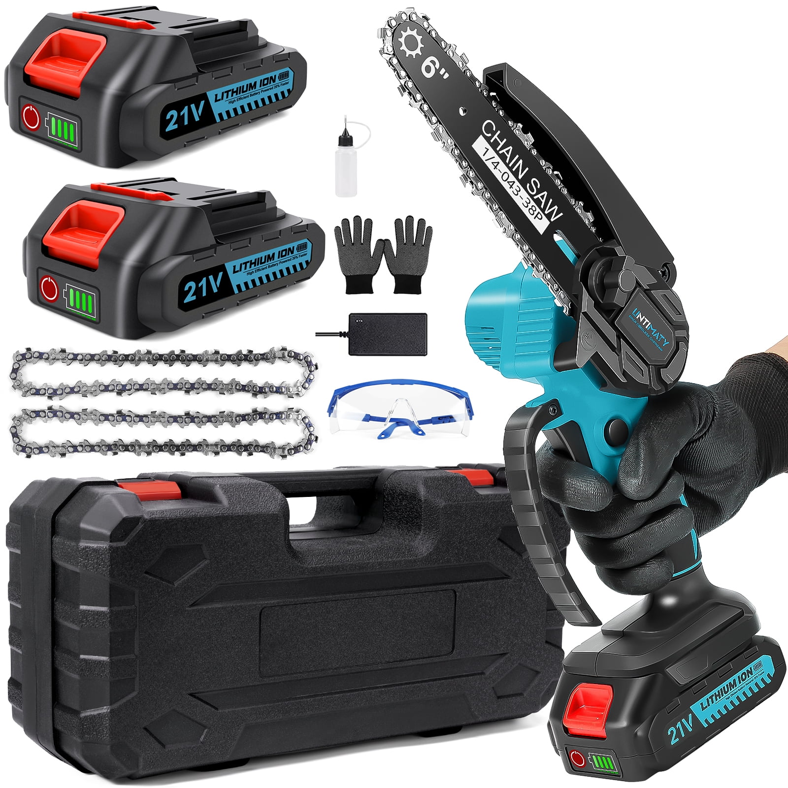UNTIMATY Mini Cordless Chainsaw, 6-Inch Battery Powered Chain Saws with 2 Batteries 2 Chains, Handheld Electric Chain Saw Wood Cutter - Womvr