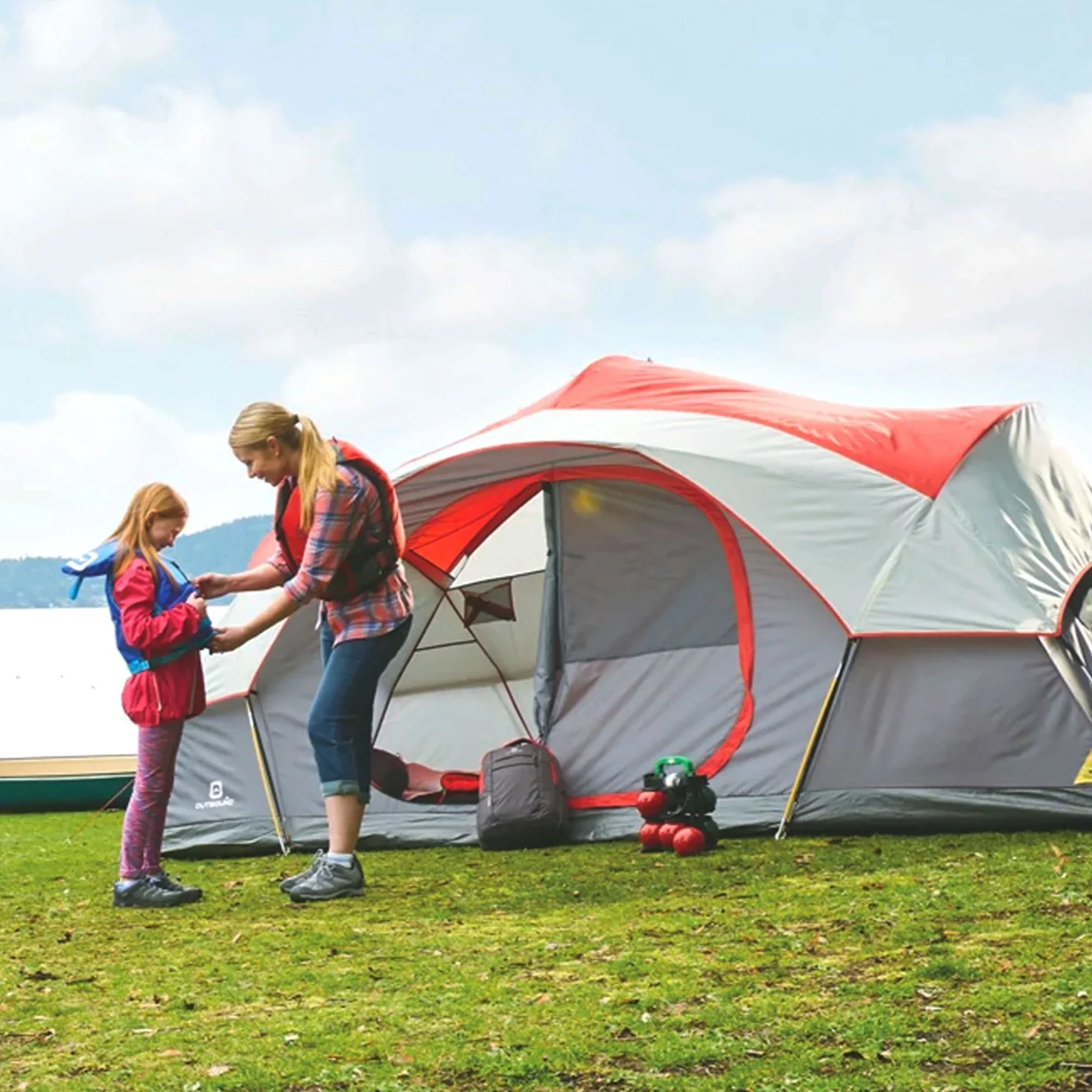 Outbound 8 Person 3 Season Easy Up Dome Tent with Room Divider and Rainfly, Red - Womvr