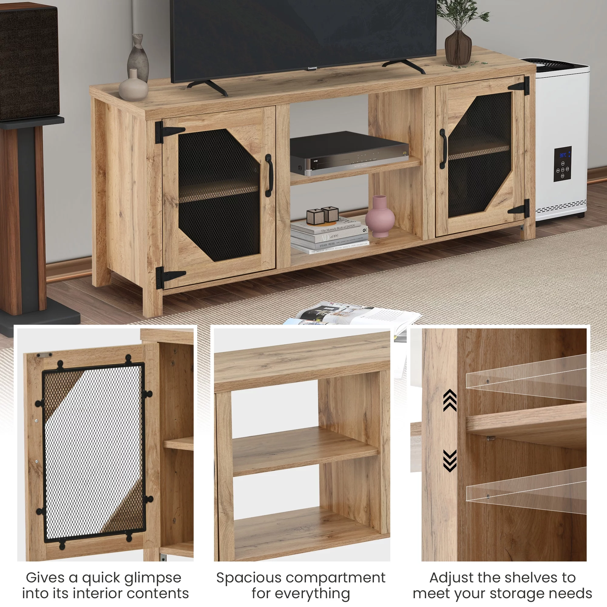SYNGAR TV Stand for 65 inch TV, Modern TV Console Table Stand with 2 Door Cabinet, Living Room TV Table Stand Buffet Cabinet with Adjustable Storage Shelves, 60