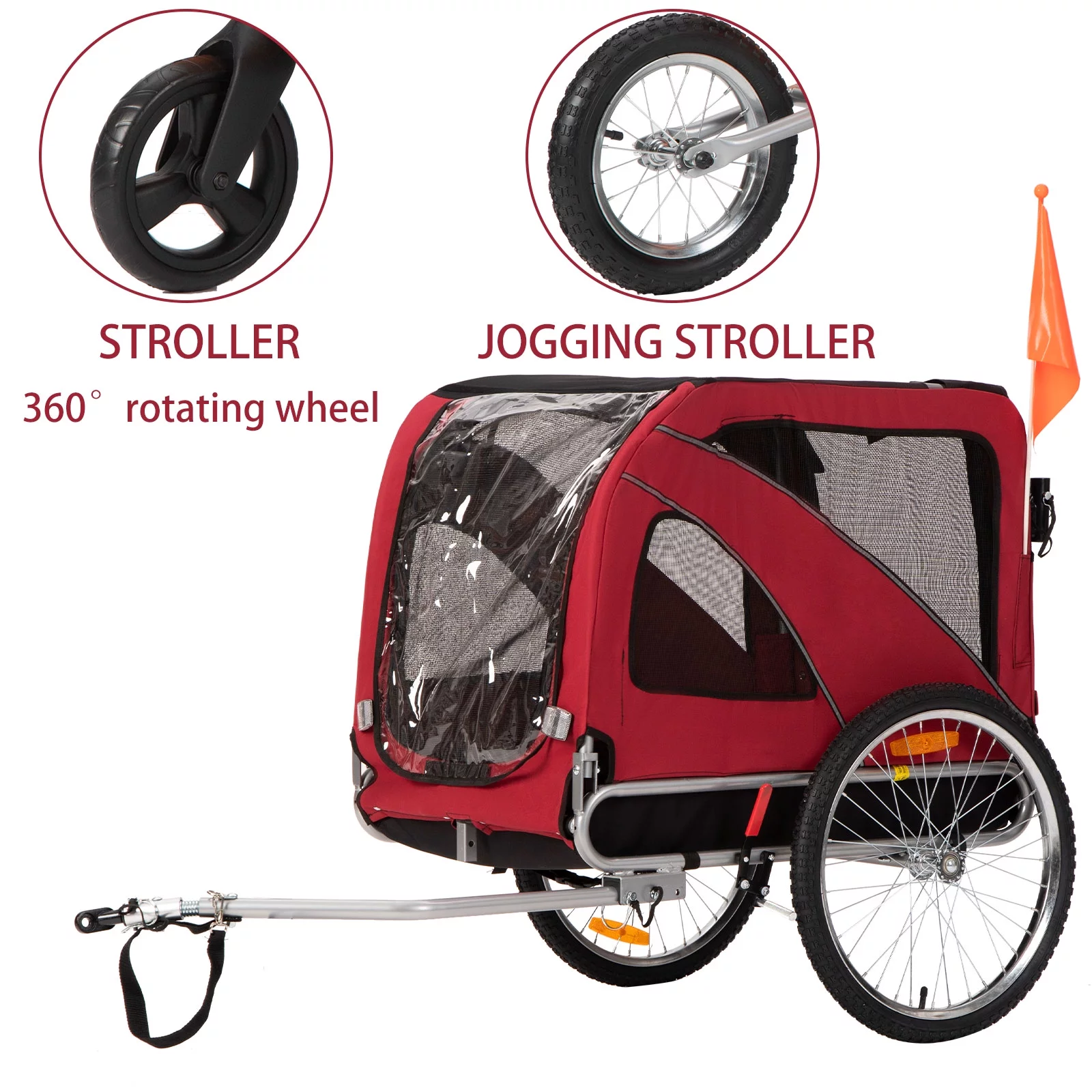 MOJAY 3-in-1 Dog Bicycle Trailer, Dog Stroller, and Dog Jogging Stroller, Red - Womvr