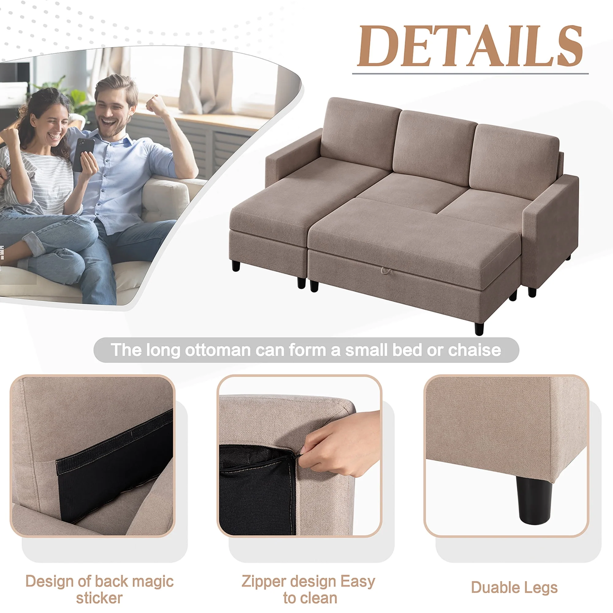 Walsunny Convertible Sectional L-Shaped Sofa with Modern Linen Fabric(Grayish Black) - Womvr