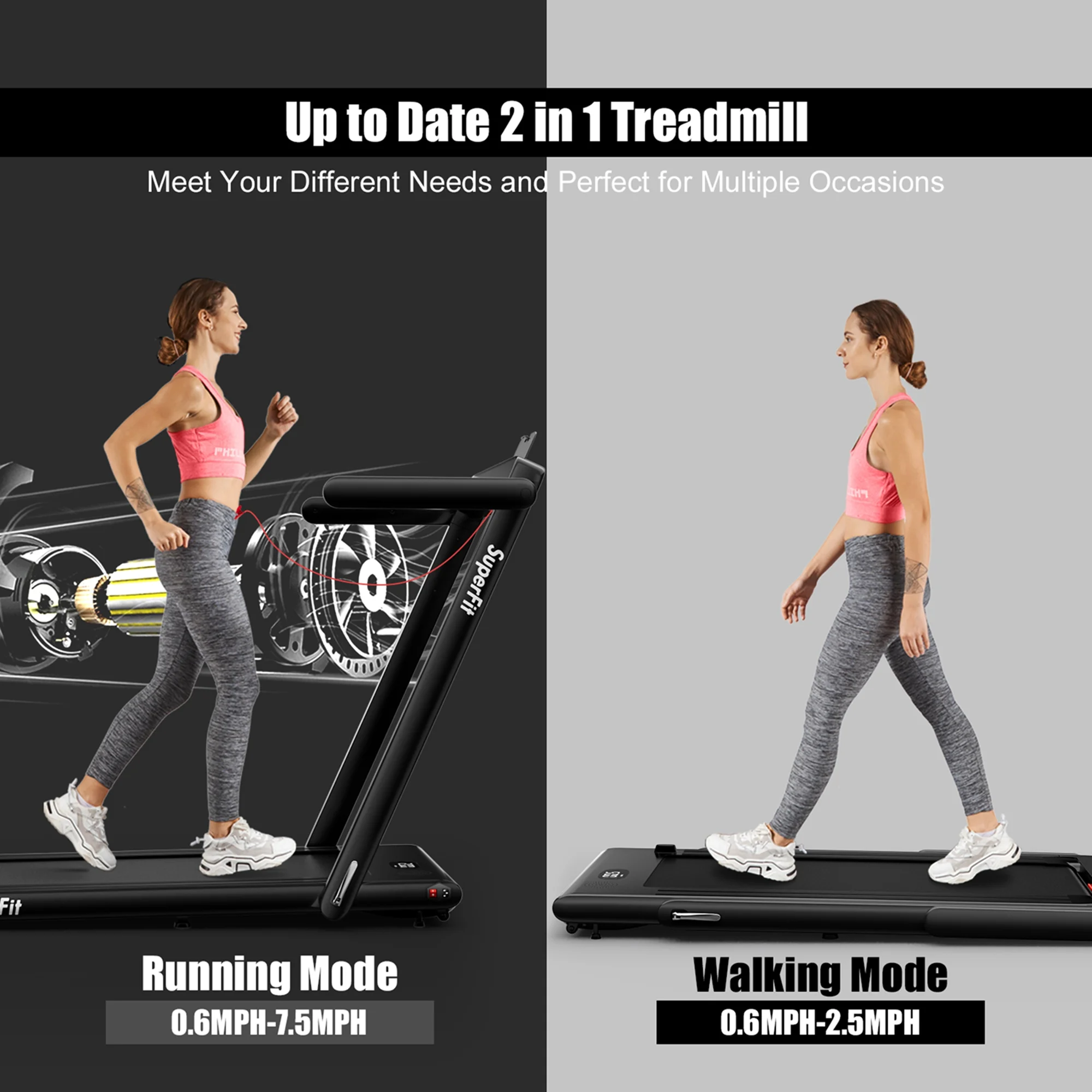 SuperFit Up To 7.5MPH 2.25HP 2 in 1 Single Display Screen Folding Treadmill Remote Control W/ APP Control Speaker Black - Womvr