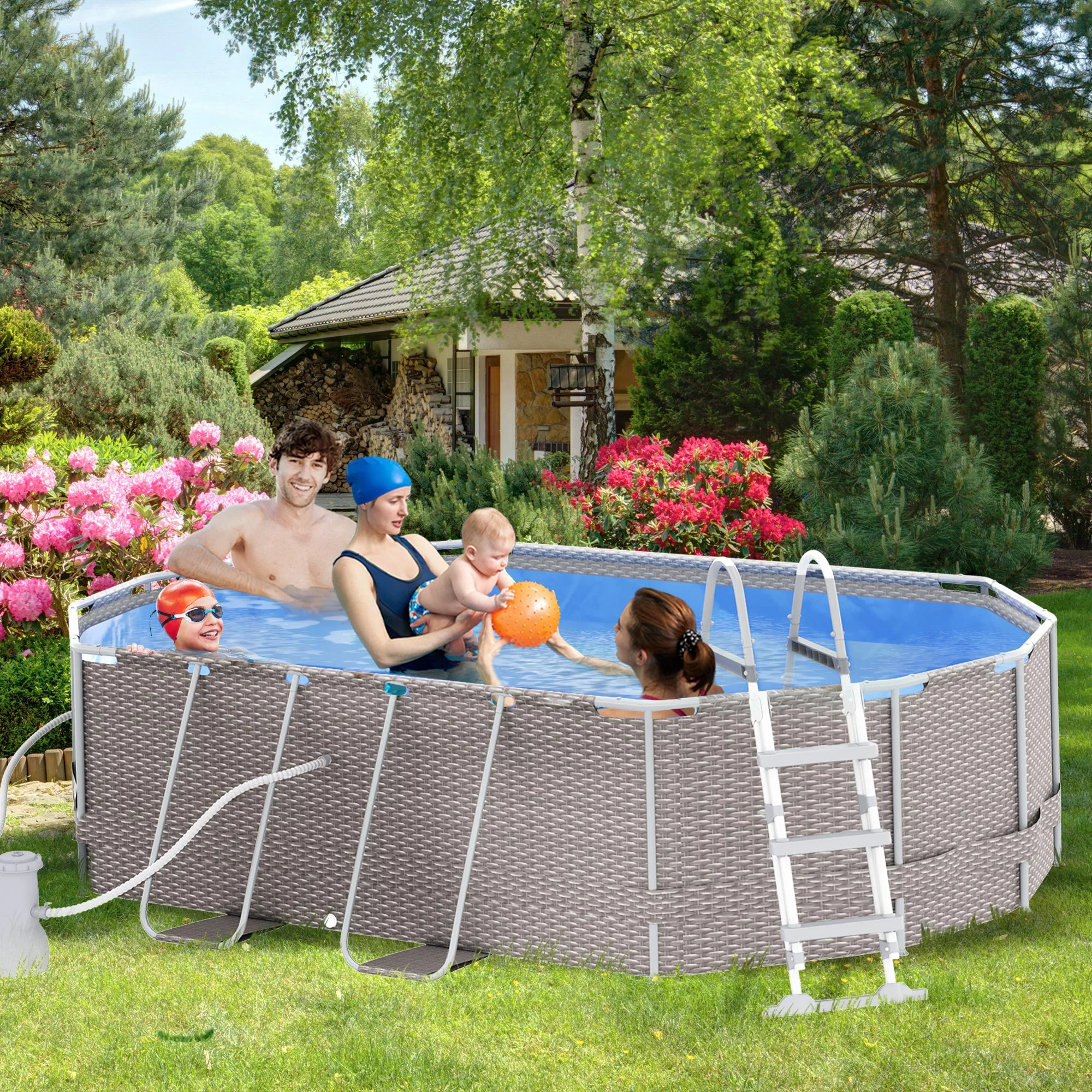 Outsunny Above Ground Swimming Pool, Non-Inflatable Frame Pool, Brown - Womvr