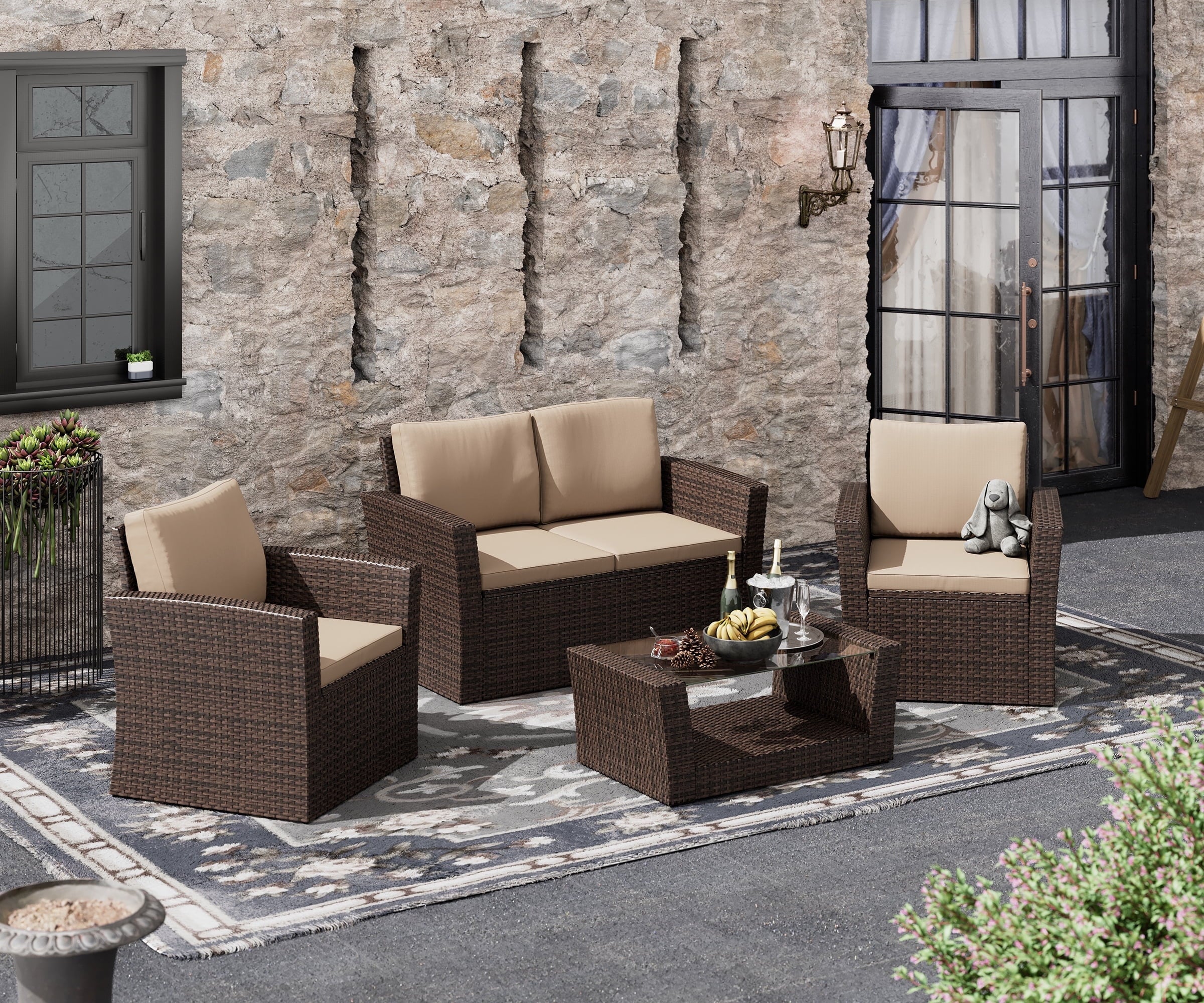 Bifanuo 4-Piece Patio Furniture Set Outdoor Rattan Wicker Sofa Set with Cushions & Coffee Table, Conversation Sofa Set with Tempered Glass Table Top - Womvr