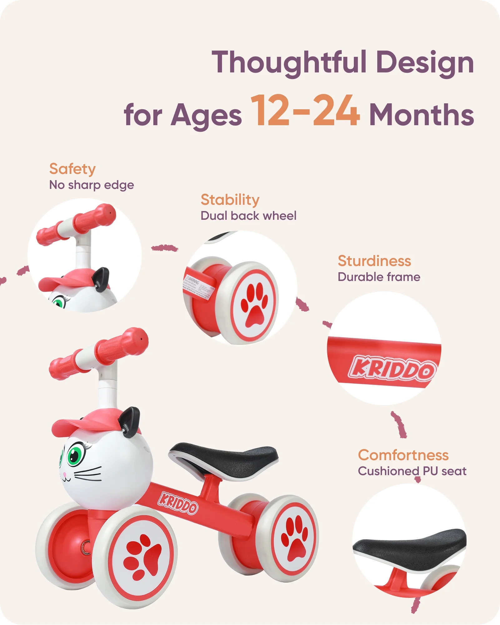 KRIDDO Baby Balance Bike for 1-2 Year Old Boy and Girl, Toddler Mini Bike for One Year Old First Birthday Gifts Baby Toys 12 Months to 2 Year Old Ride-on Toys Gifts Indoor Outdoor Balance Bike, Rabbit - Womvr