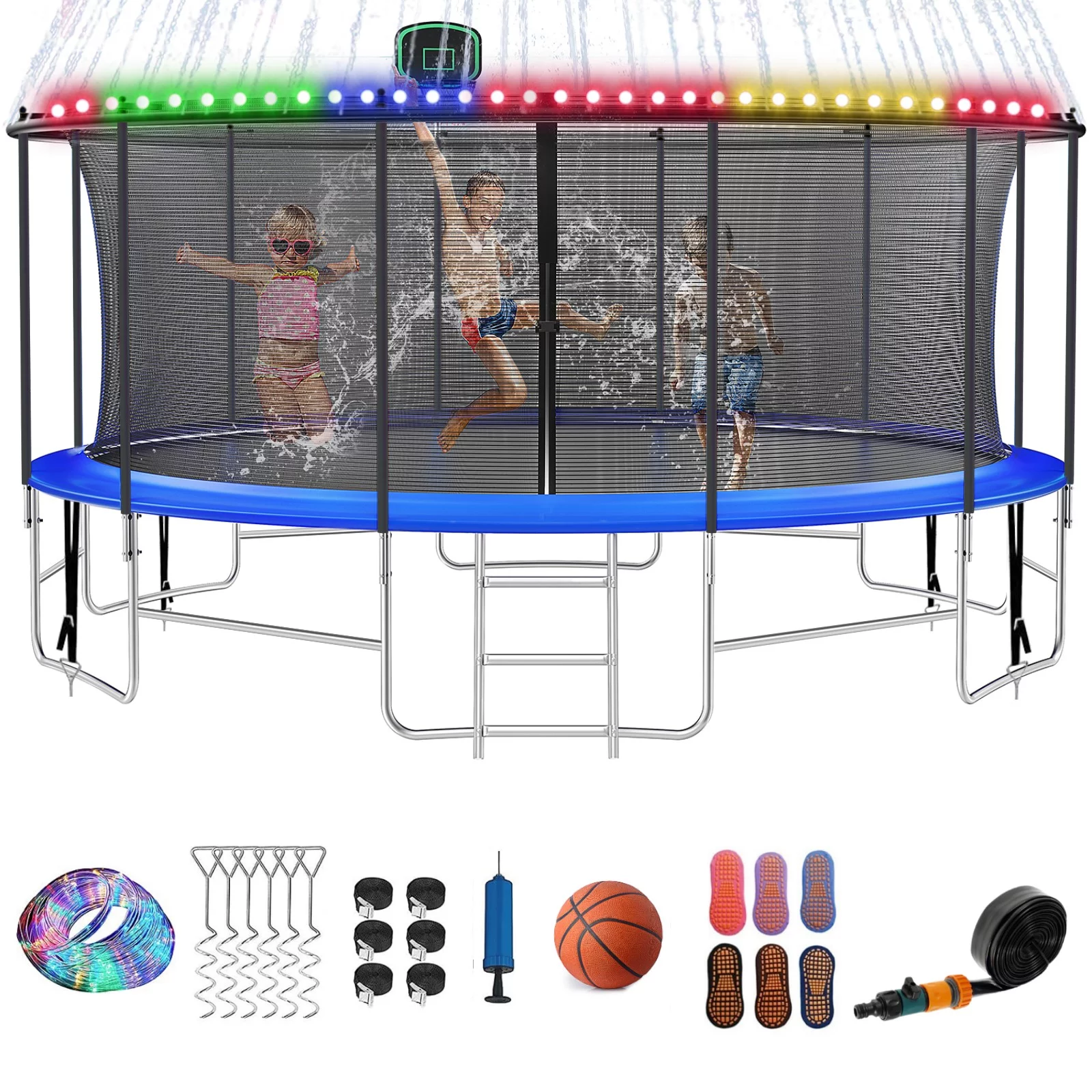 16FT Trampoline for 8-9 Kids Adults with Basketball Hoop, Ladder, Light, Sprinkler, Socks, Outdoor Heavy Duty Recreational Trampoline - Womvr