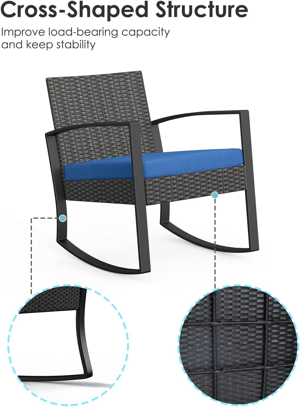 Lofka 3-Piece Patio Wicker Chairs Set with Glass Coffee Table, Outdoor Balcony Furniture Set with Blue Cushion - Womvr