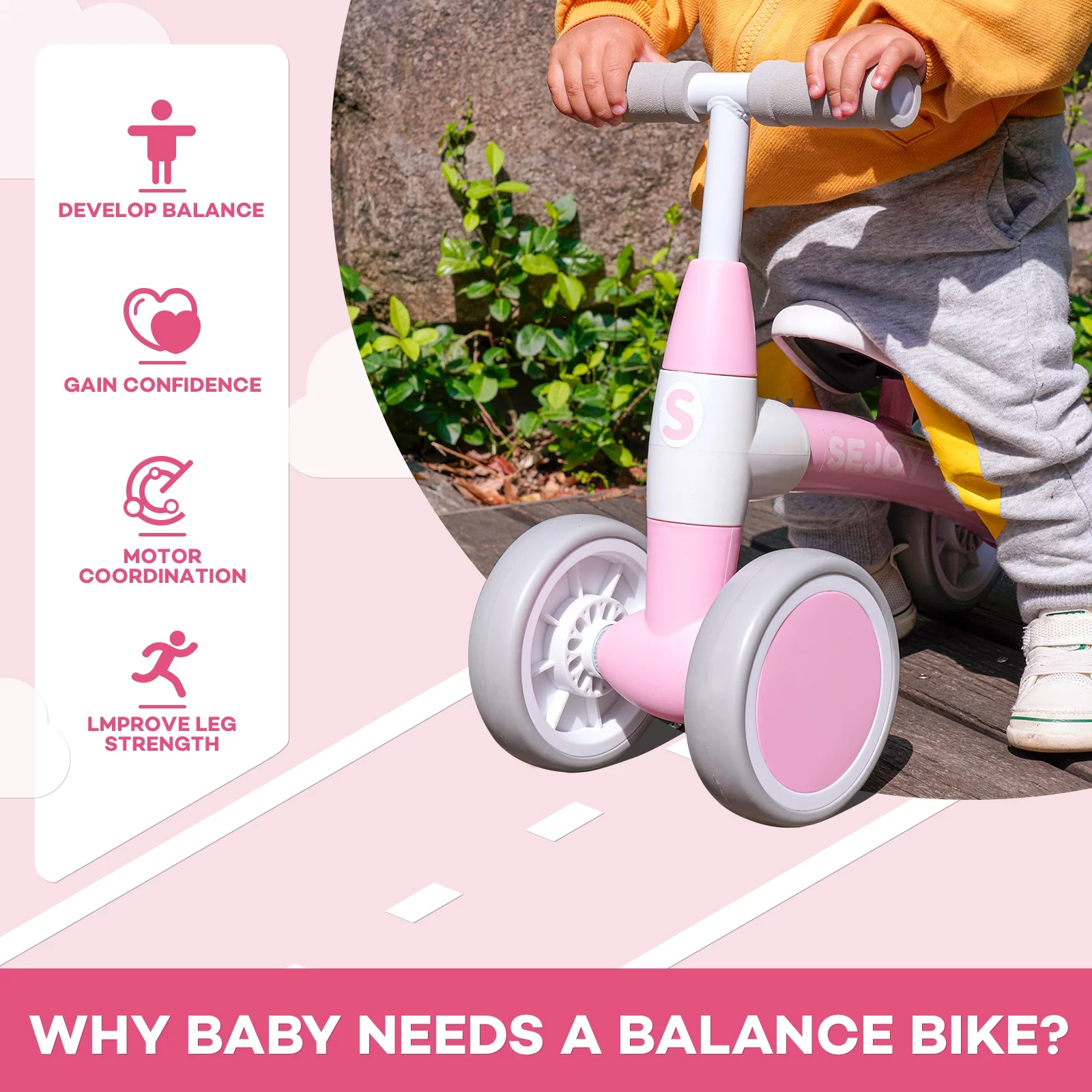 Sejoy Baby Balance Bike Children Walker for 1-3 Years Old Boys Girls 12-36 Months Kids Toddler First Bike 4 Wheels Riding Toys,First Birthday Gifts - Womvr